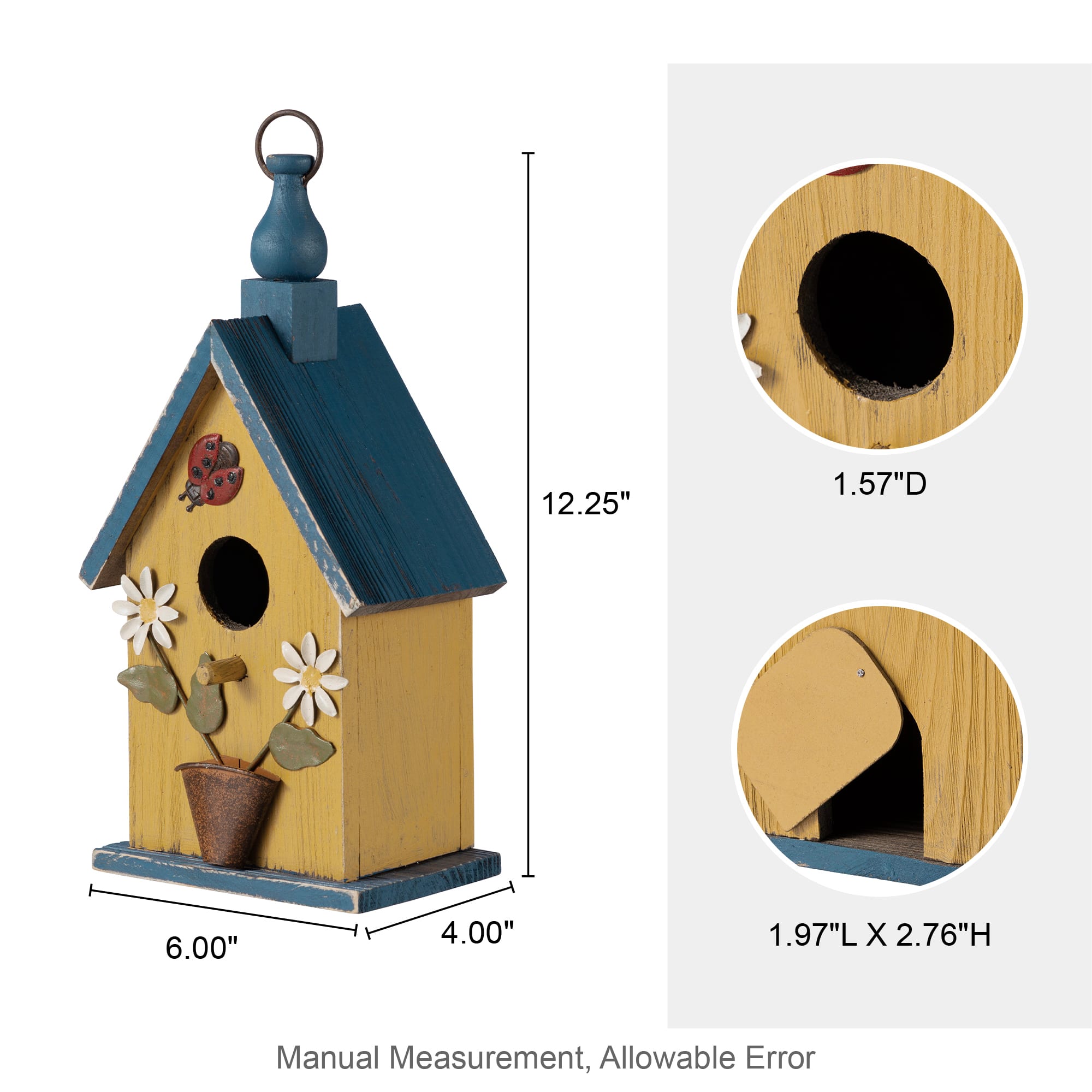Glitzhome® 12.25" Washed Yellow Distressed Wood Cottage Birdhouse With Bees & Flowers