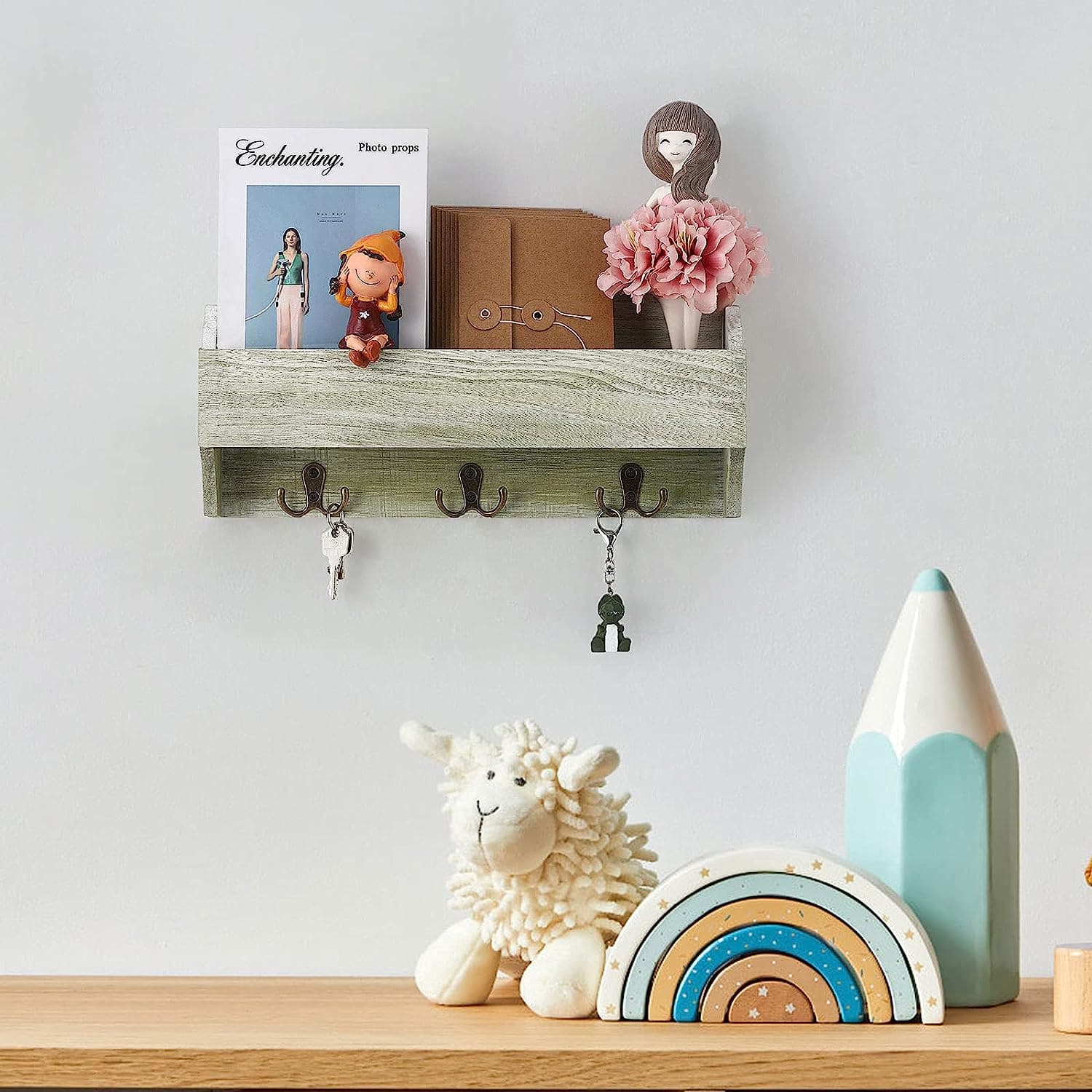 NEX™ Olive Green Wall-Mounted Wooden Key Rack with 3 Double Key Hooks