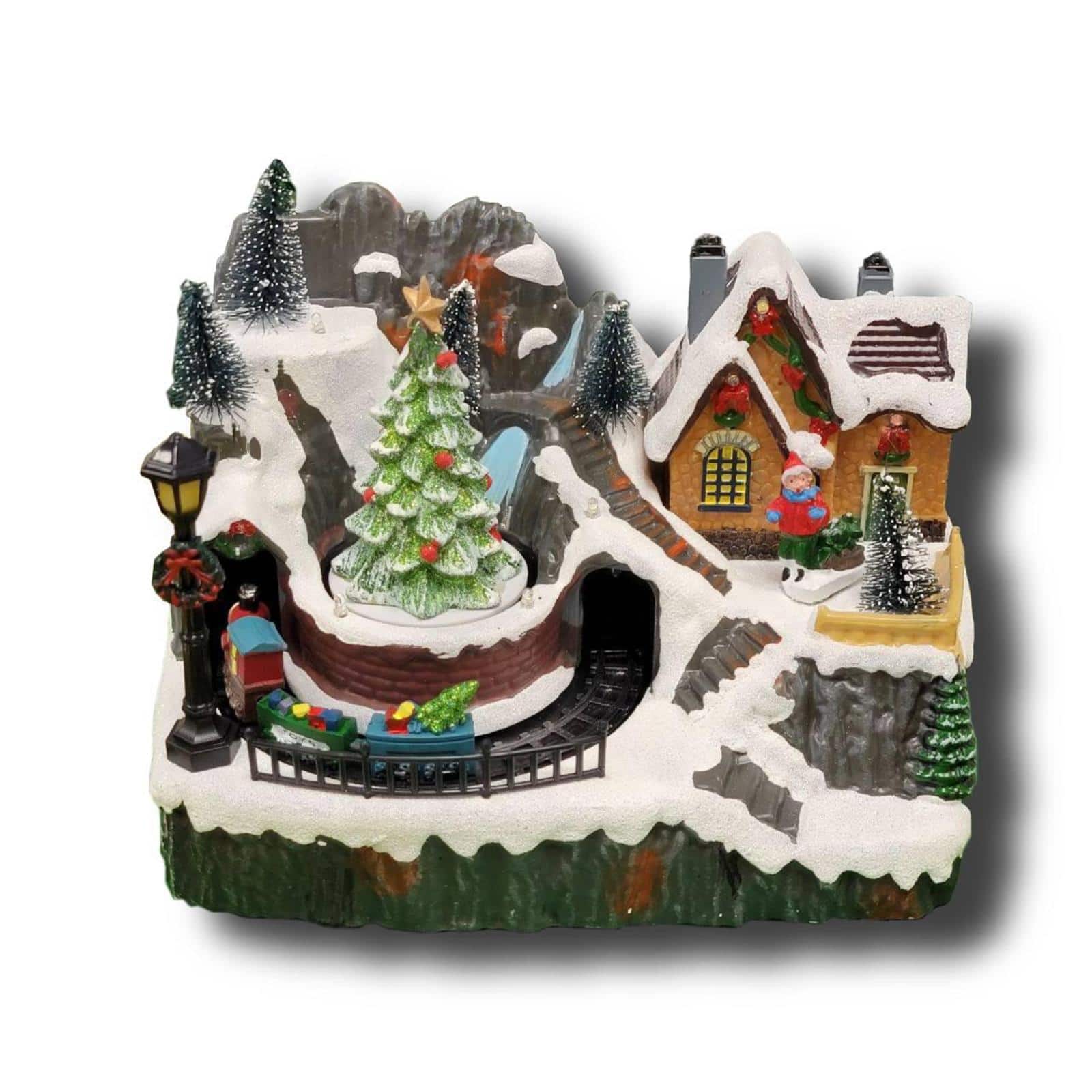 Wizardi 12" Christmas Village Snow Mountain with Hut & Animated Train