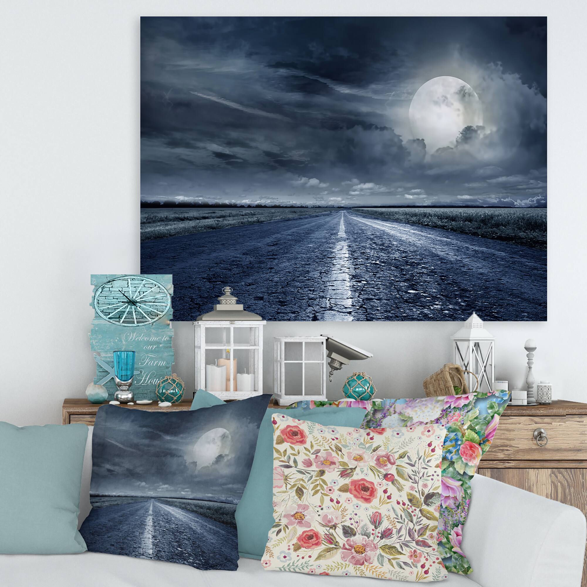 Designart - Asphalt Road Under Cloudy Full Moon II