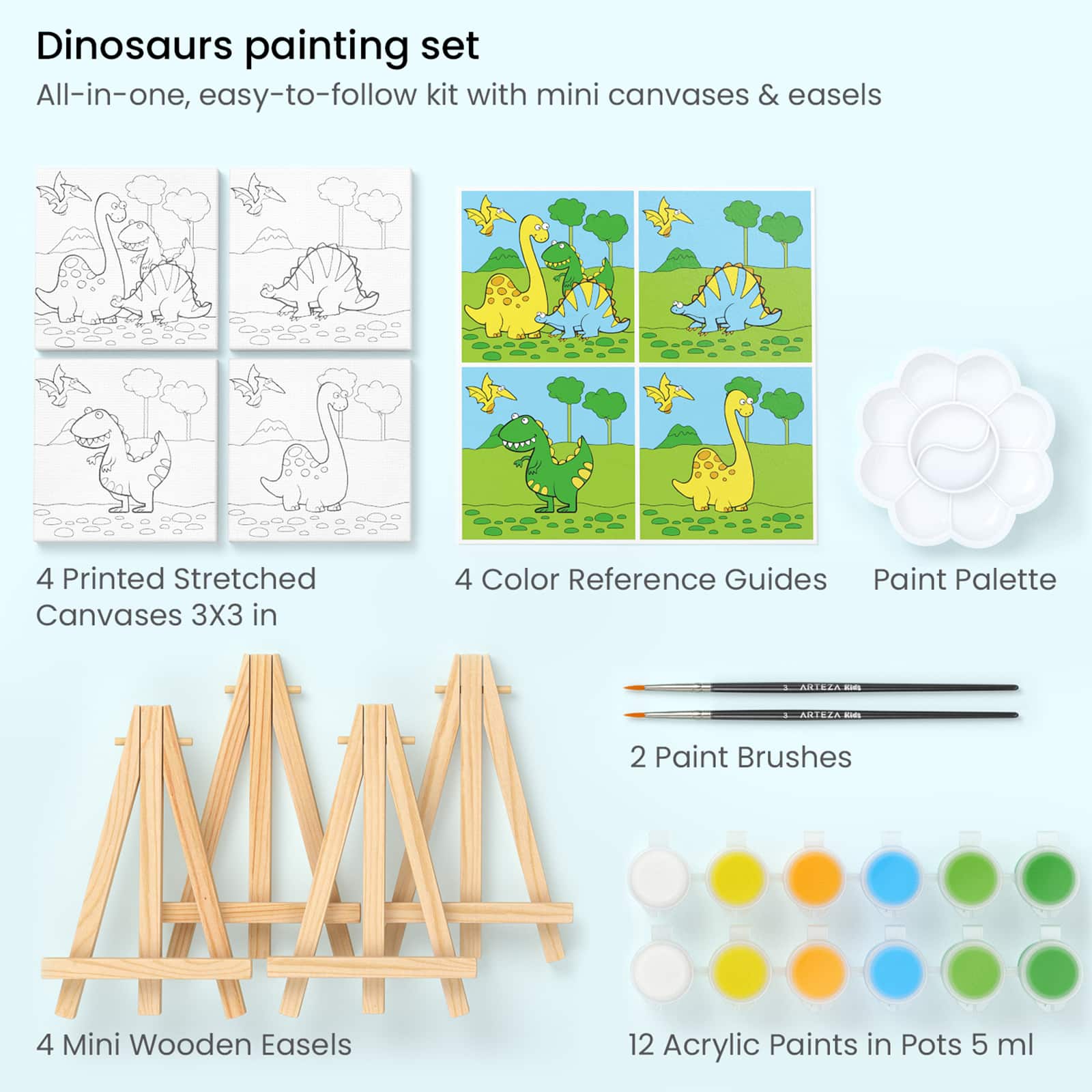 Arteza® Kids Canvas Paint Kit, 4 Mini Canvas- 3 x 3 with Easel