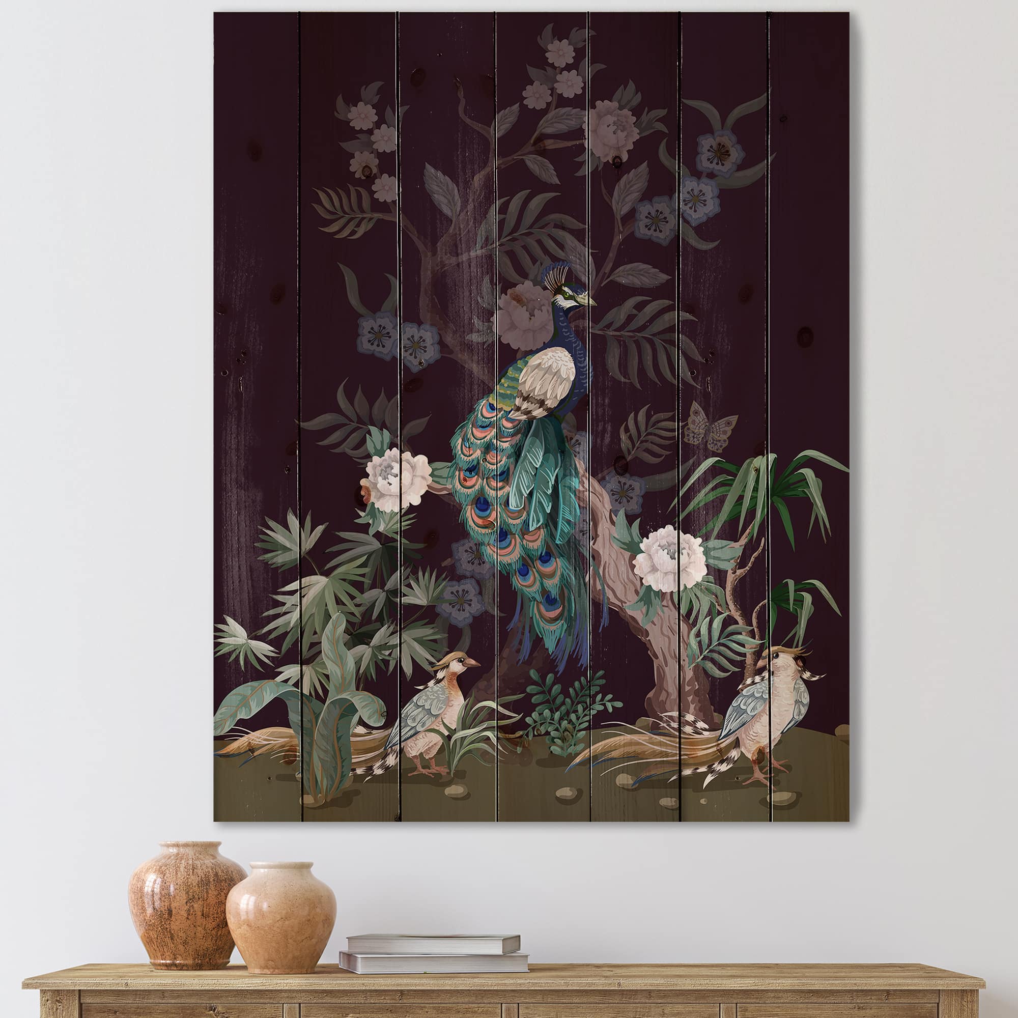 Designart - Chinoiserie With Birds and Peonies V - Traditional Print on Natural Pine Wood