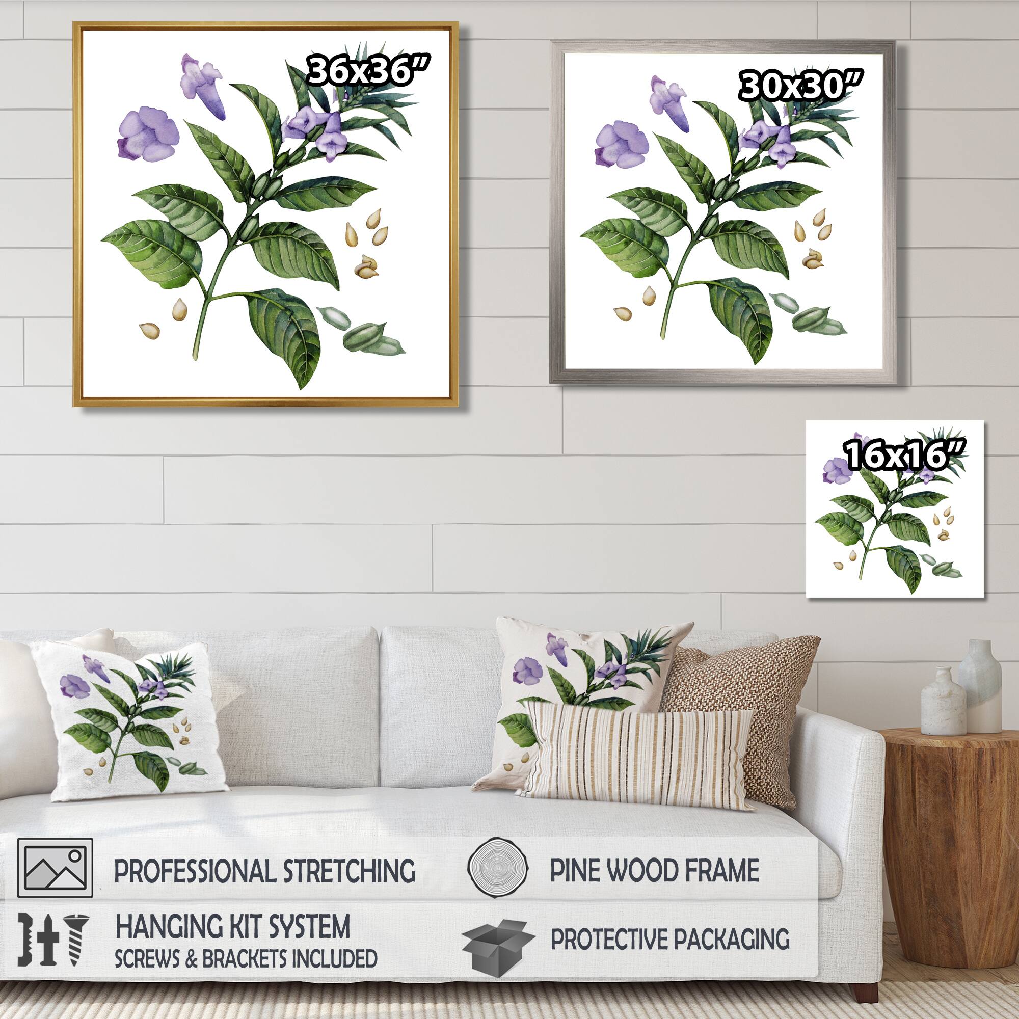 Designart - Purple Sesame Flowers WIth Green Leaves