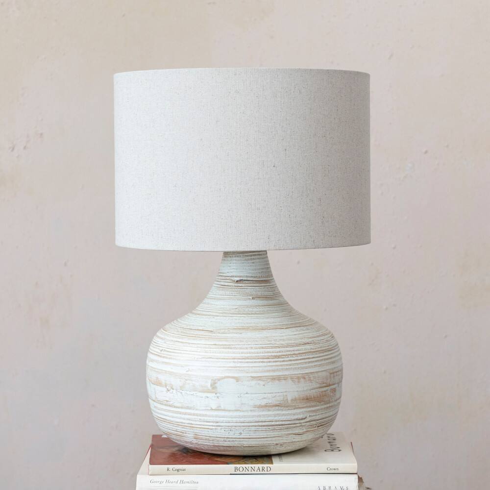 Hello Honey® 21.5" White Wash Finish Boho Bamboo Table Lamp with Linen Shade Set