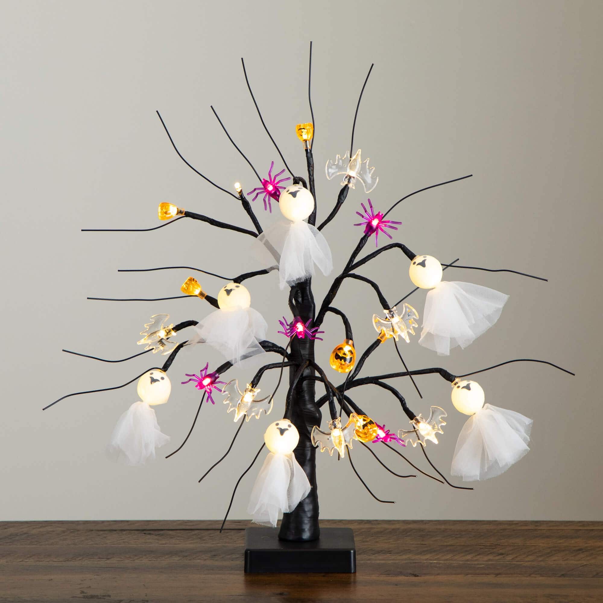 18in. Pre-Lit Artificial Halloween Ghost Dolls, Spiders, Bats & Pumpkins 24 LED Lighted Ornament Tree