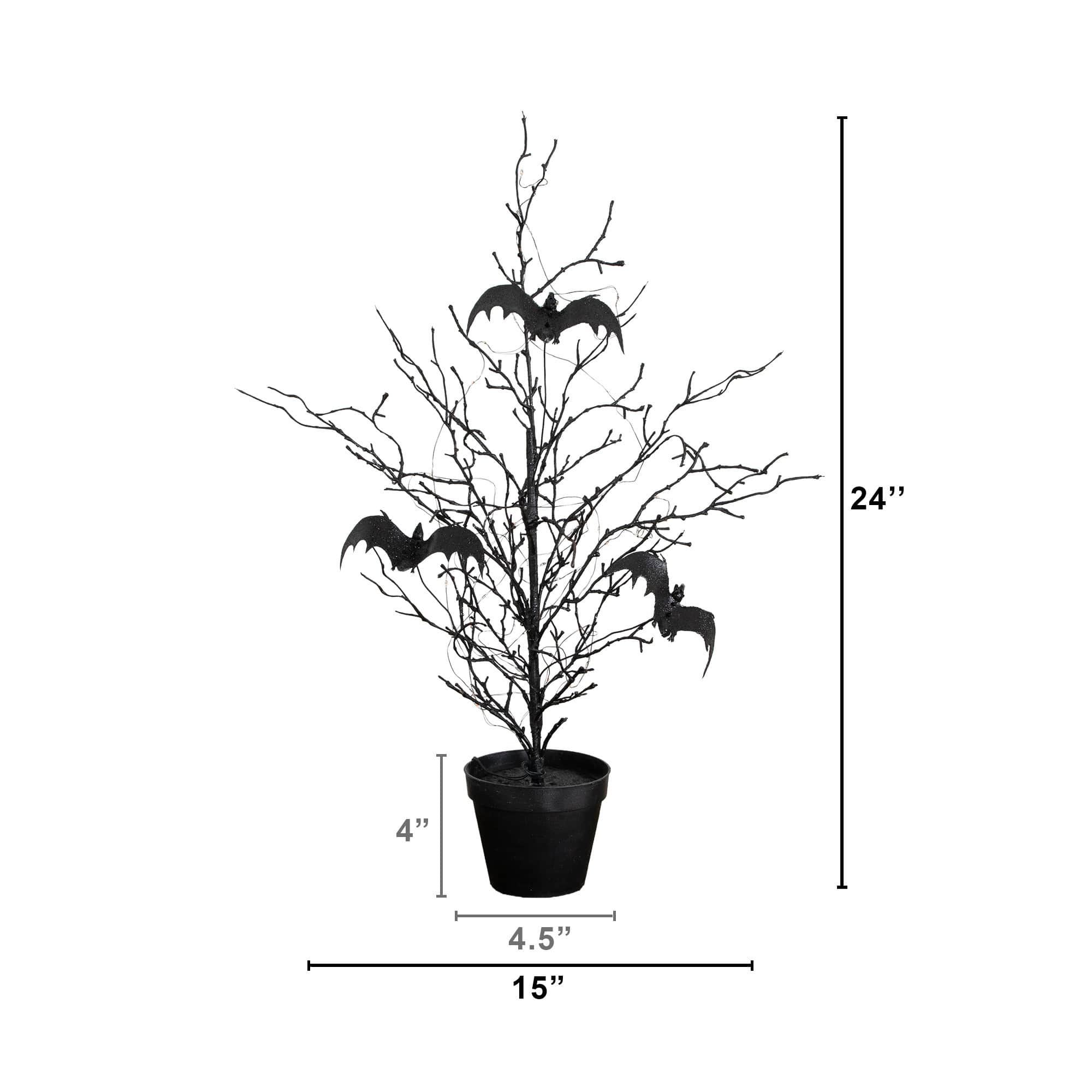 2ft. Pre-Lit Artificial Black Spooky Twig Tree with Bats and 40 Orange & Purple LED Lights