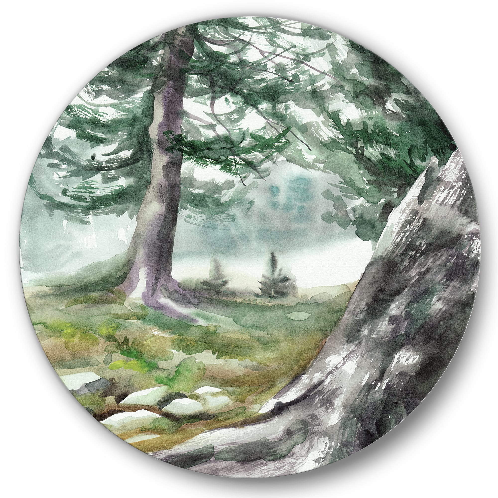 Designart - Pine Forest In The Early Morning - Lake House Metal Circle Wall Art