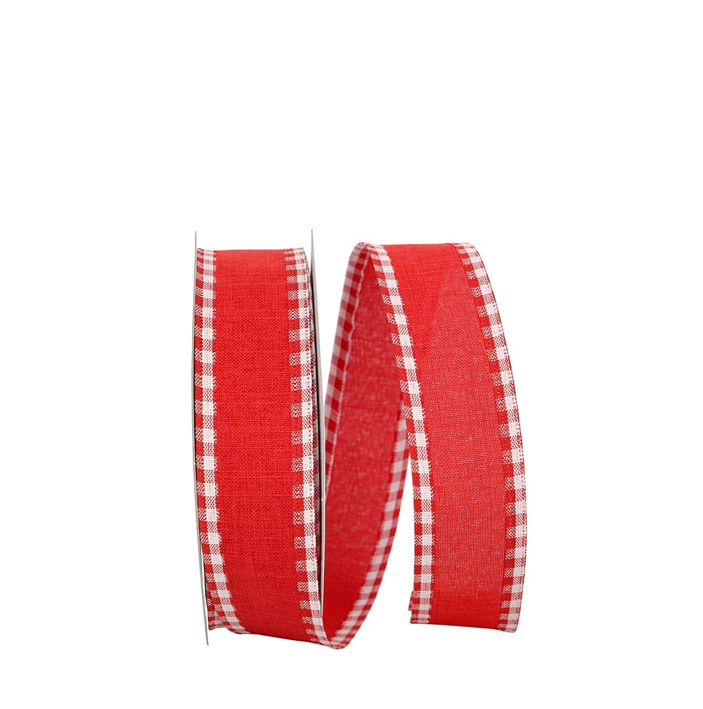 JAM Paper 1.5" x 20yd. Red Checked Edge Wired Linen Ribbon
