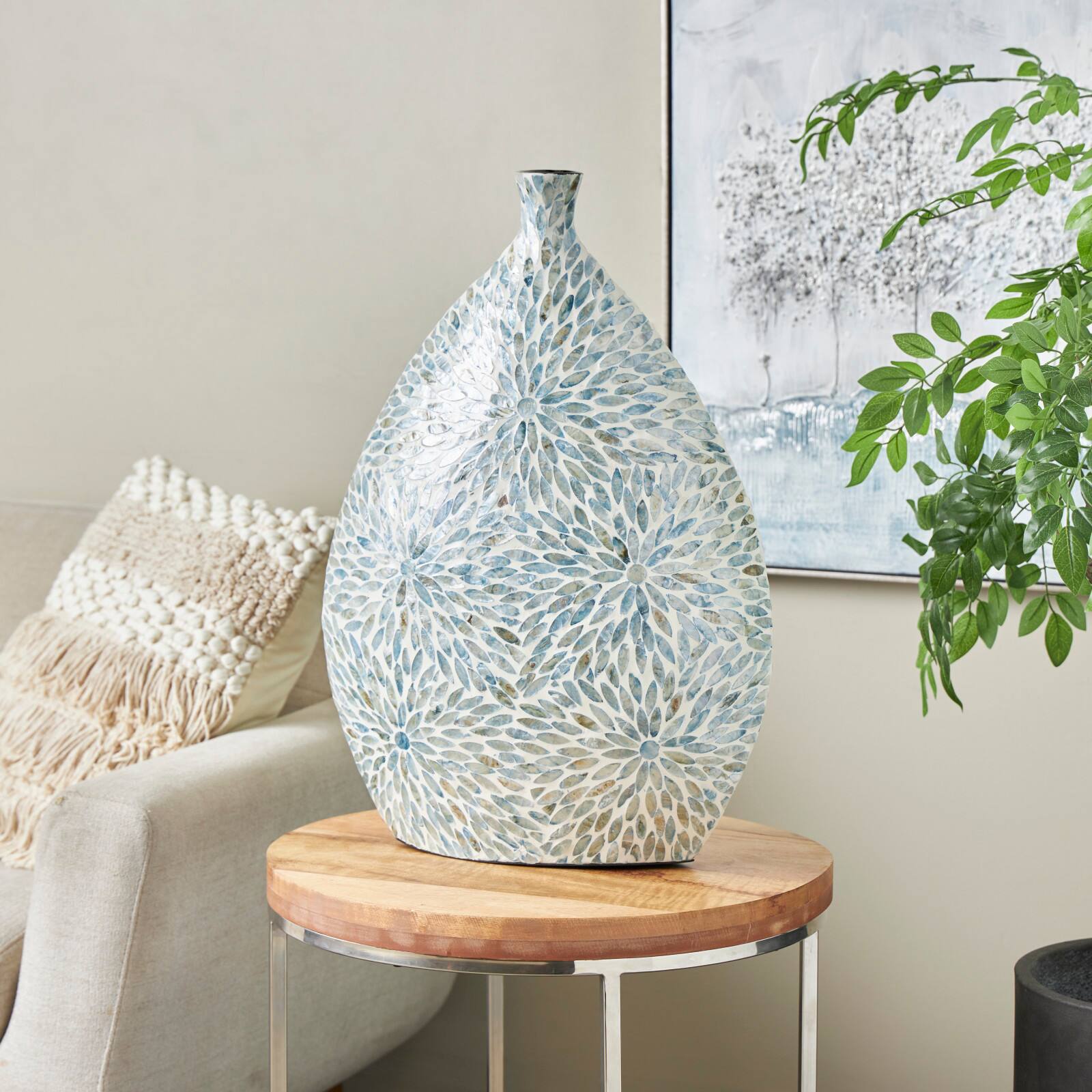 24.25" Blue & Cream Floral Mosaic Mother of Pearl Vase