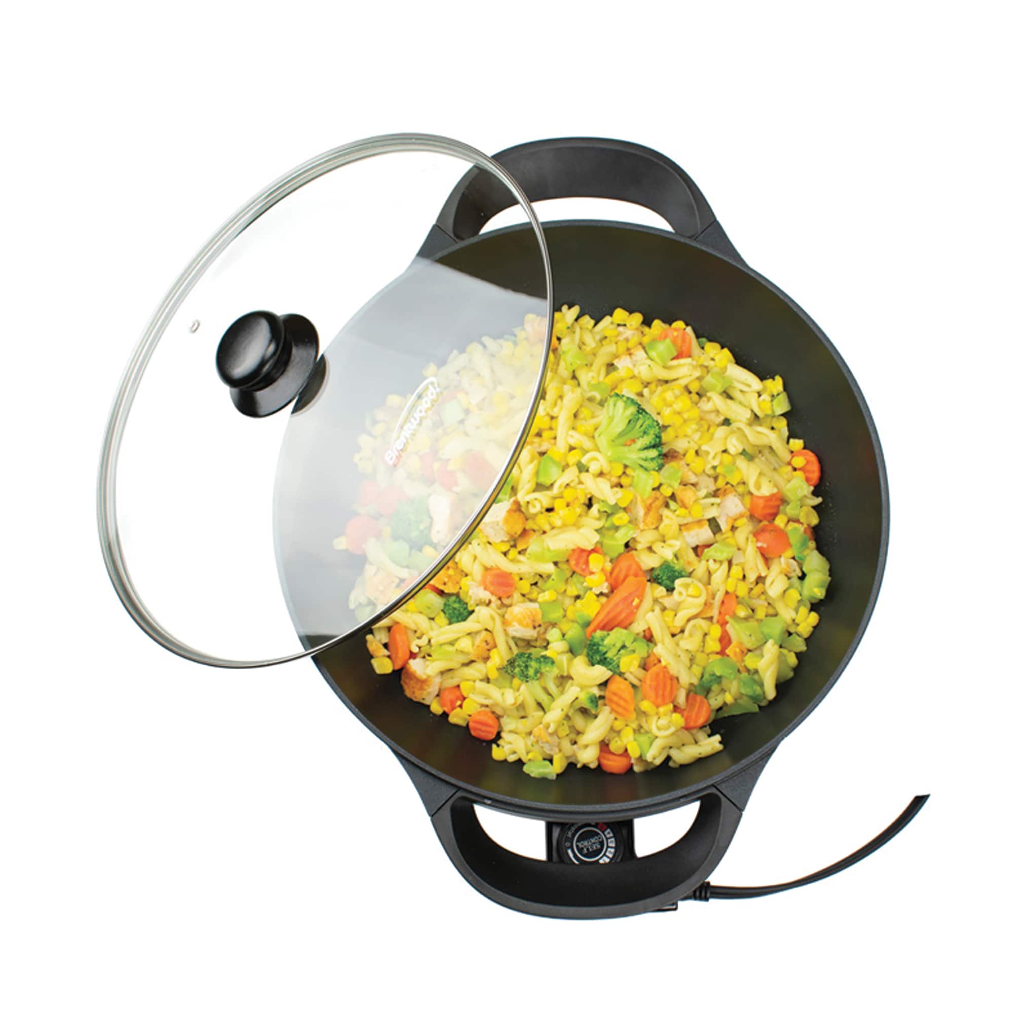 Brentwood 13" Black Nonstick Flat Bottom Electric Wok Skillet with Vented Glass Lid