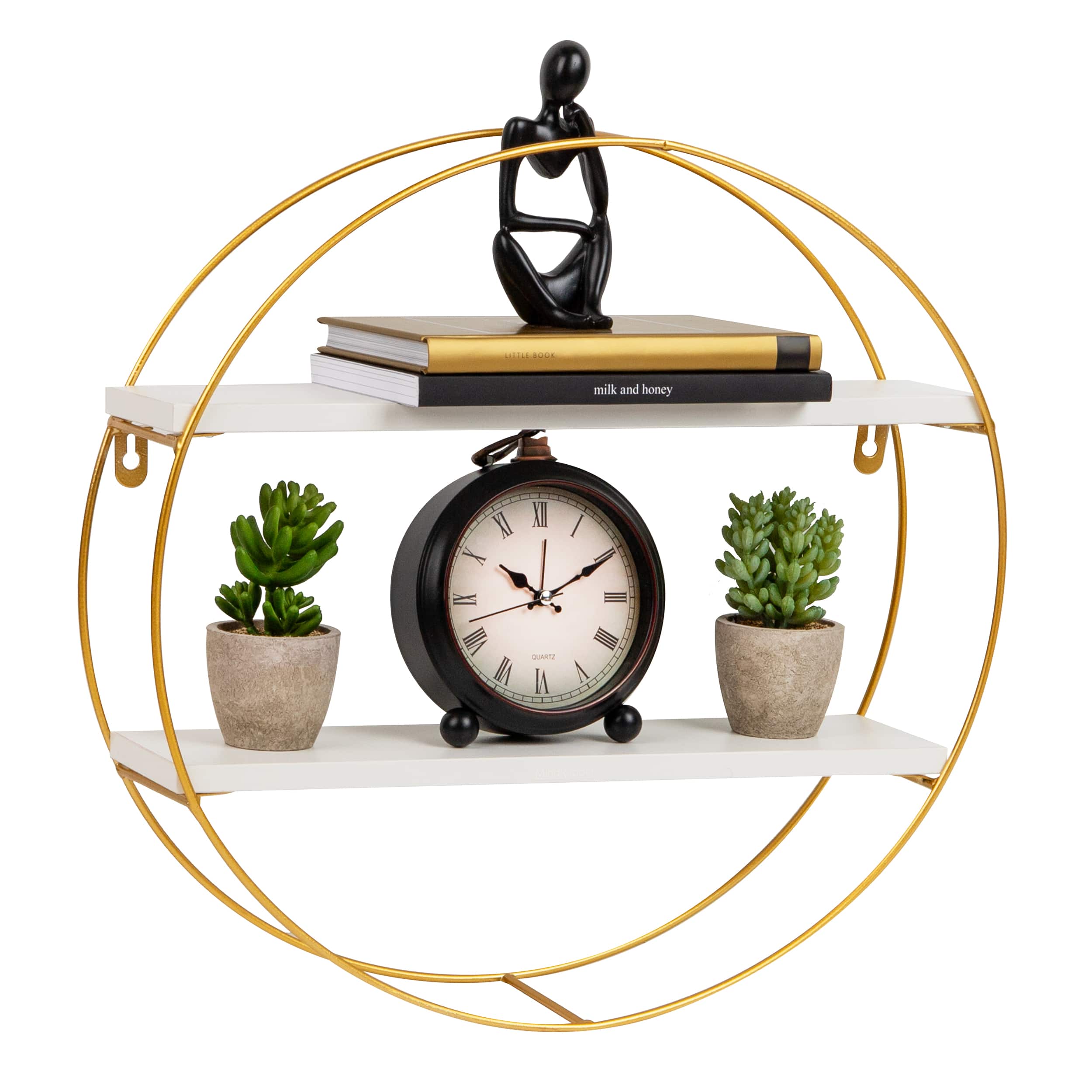 Mind Reader Floating Round Wall Shelves, Gold Metal Frame with Dual White Display Shelves, White