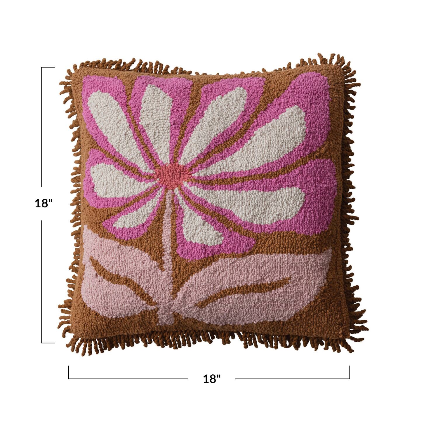 Hello Honey® 18" Pink & Natural Flower Punch Hook Pillow with Fringe
