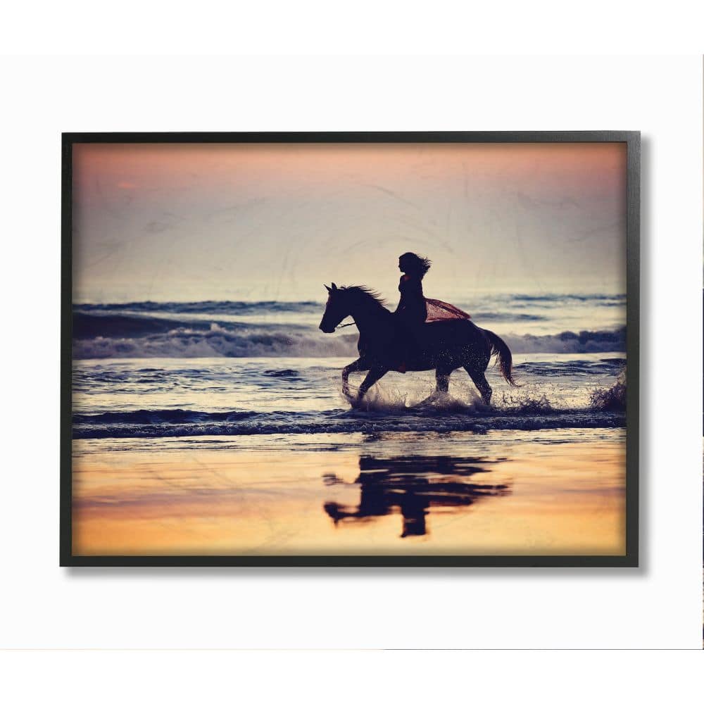 Stupell Industries Sunset Beach Horseback Rider Female Silhouette in Black Frame Wall Art