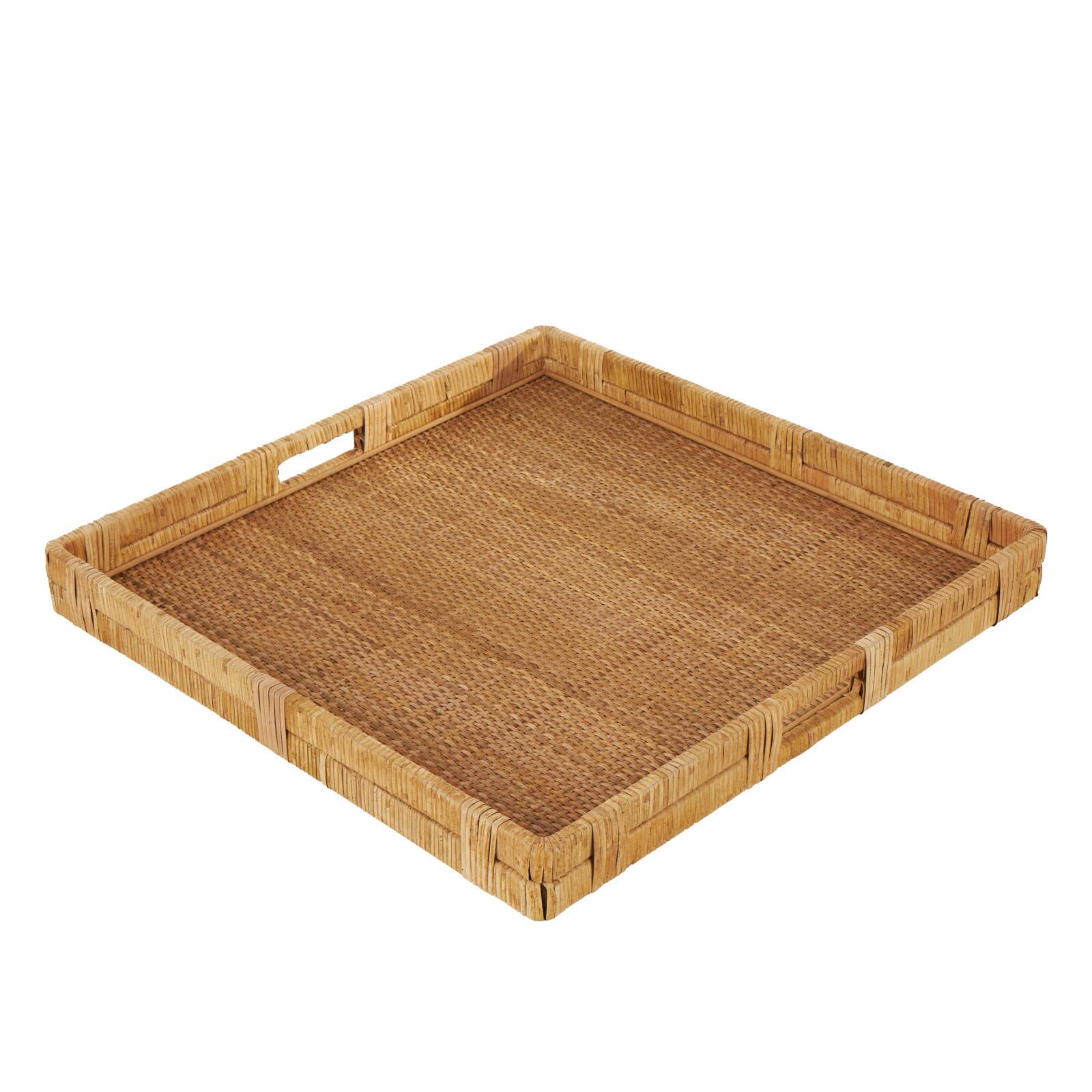 23" x 22" Brown Handmade Woven Rattan Living Room Décor Tray with Slot Handles