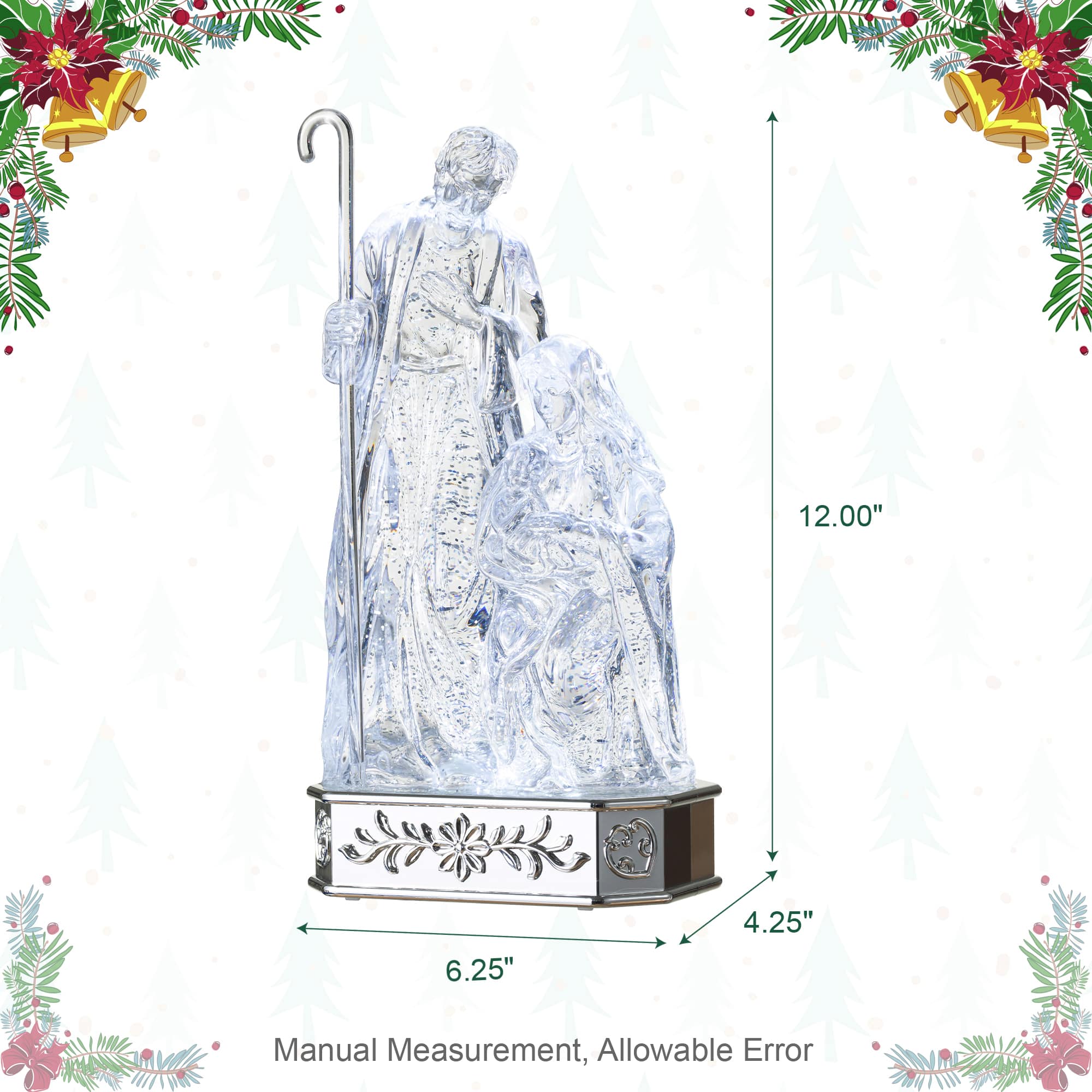 Glitzhome® 12" Lighted Acrylic Crystal Christmas Holly Family Water Globe with Timer