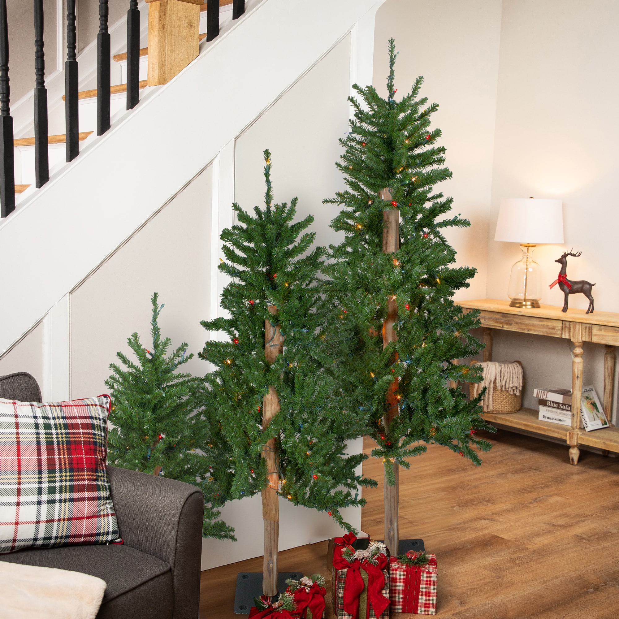 3 Pack Pre-Lit Alpine Artificial Christmas Tree Set, Multicolor