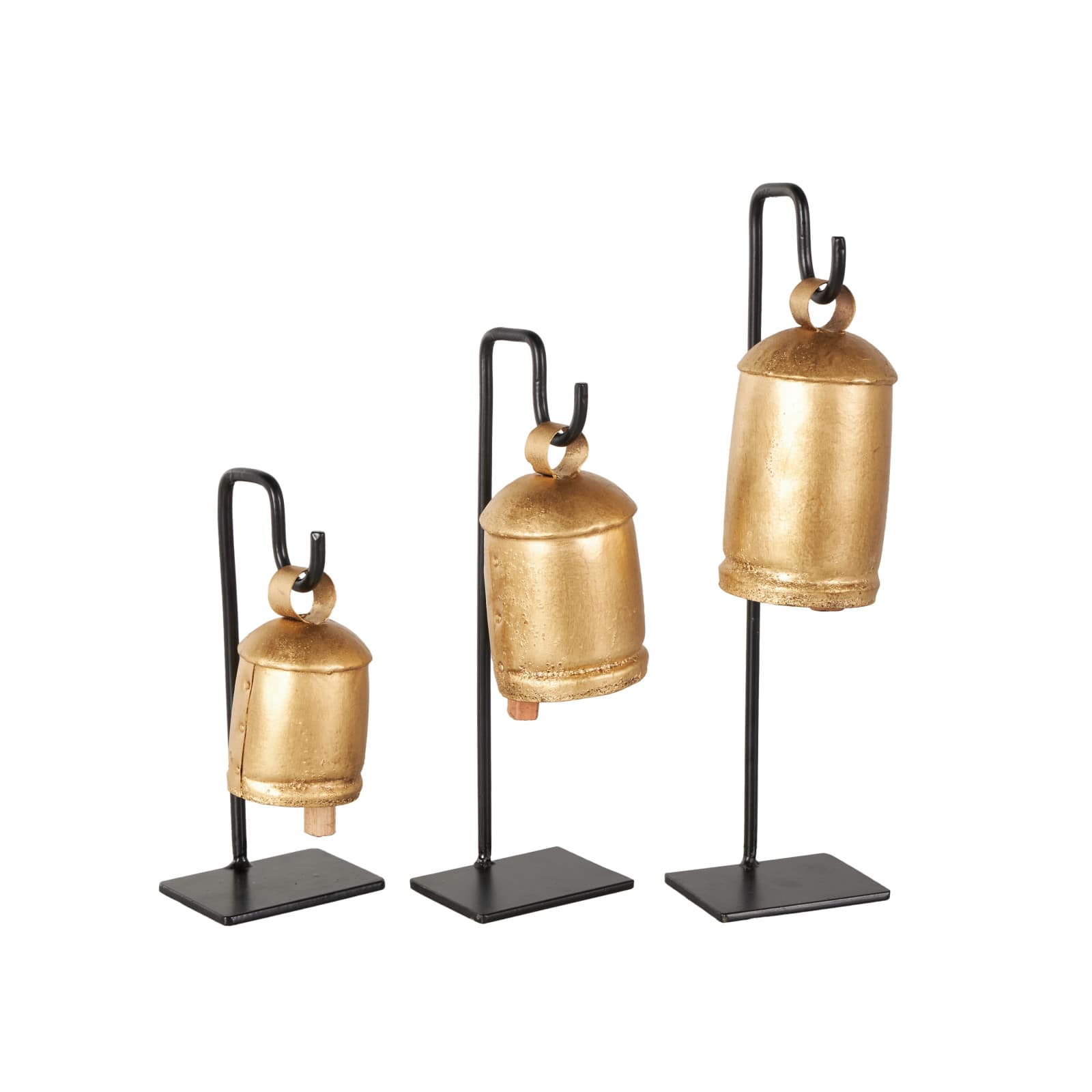 Gold Metal Decorative Cow Bells with Black Stand & Brown Wooden Clapper Set