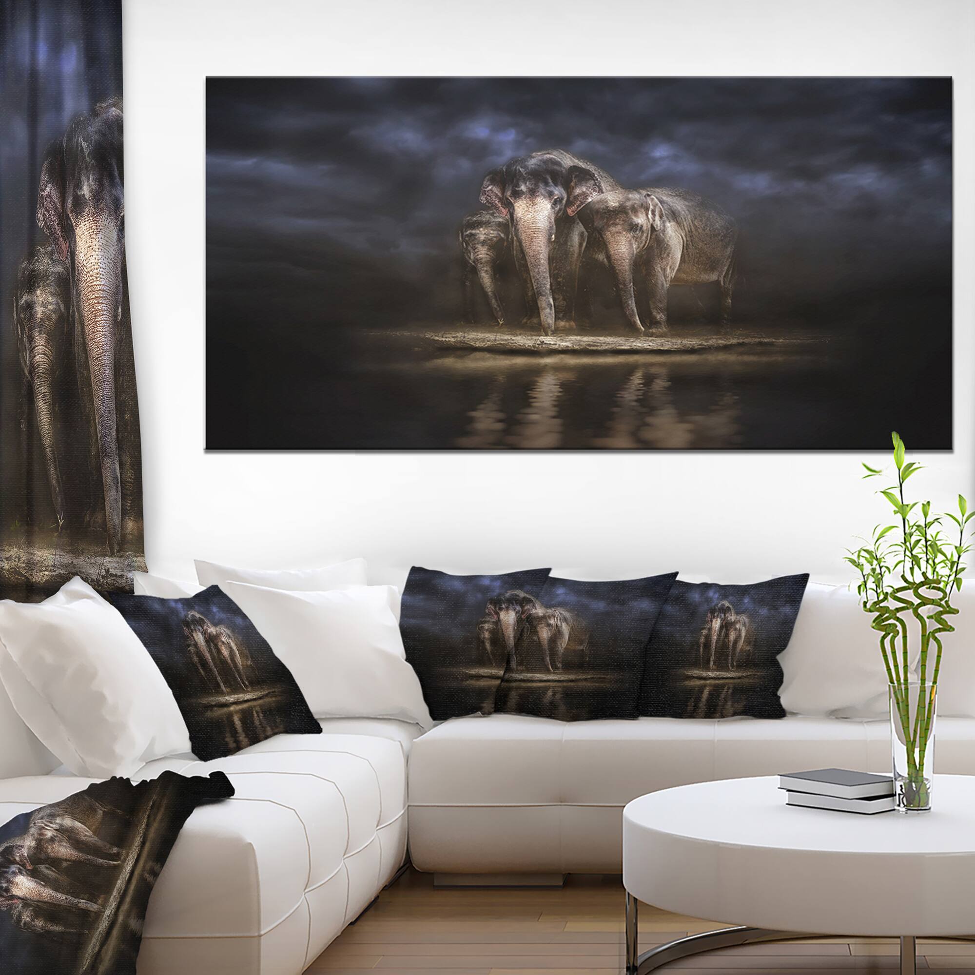 Designart - Elephants Watering in the River - Large Animal Canvas Art Print