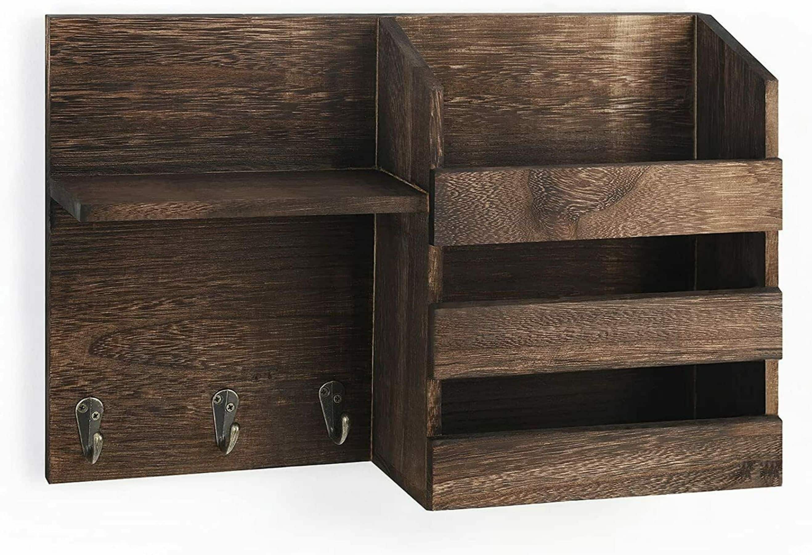 NEX™ Rustic Brown Vintage Wood Mail Shelf with 3 Key Hooks