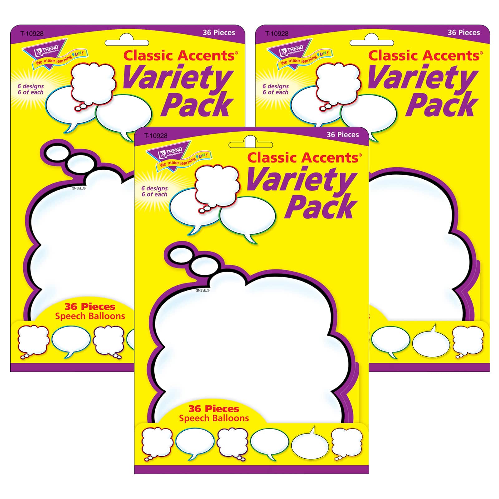TREND Enterprises® Speech Balloons Classic Accents® Variety Pack, 3 Packs of 36