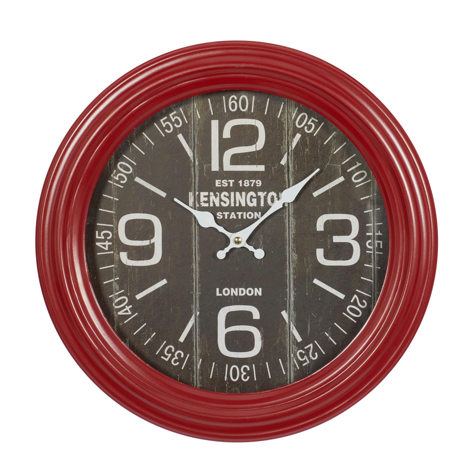 Farmhouse Round Red Metal and Wood Kensington Station Wall Clock, 14" x 14" x 2.60"