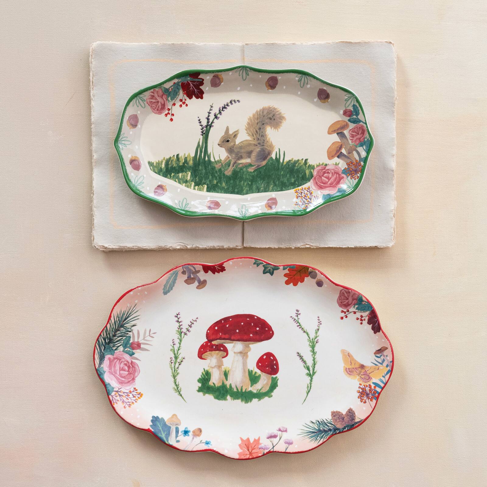 Hello Honey® 14" Red Rimmed Woodland Flora Ceramic Platter
