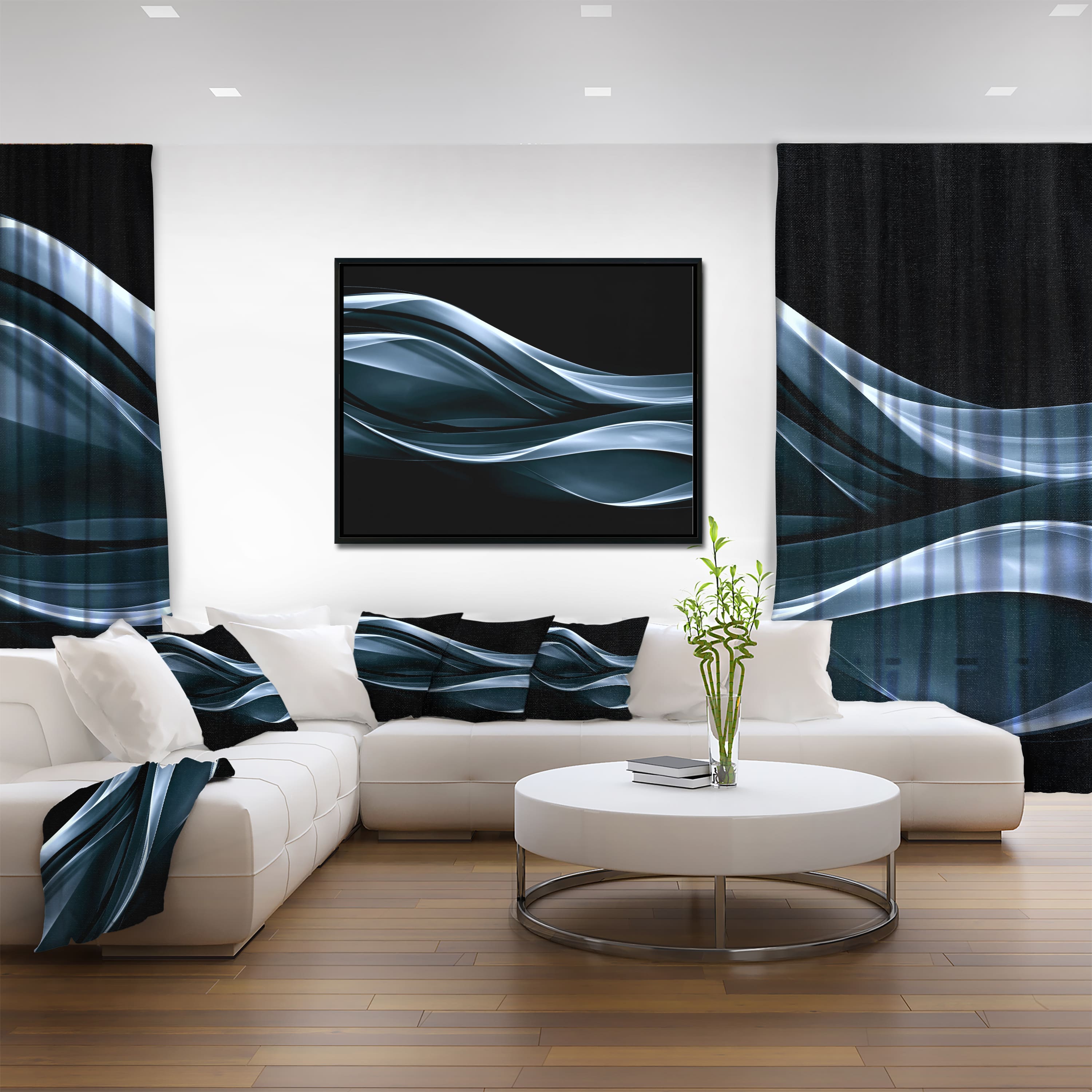 Designart - Fractal Lines Blue in Black - Abstract Canvas art print in Black Frame