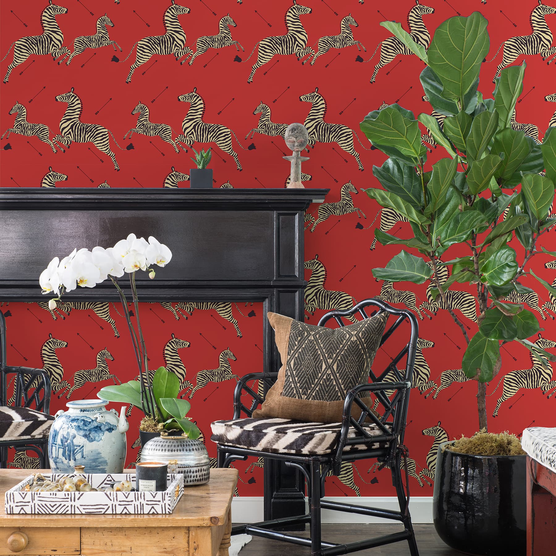 Scalamandre Masai Red Zebra Safari Peel & Stick Wallpaper