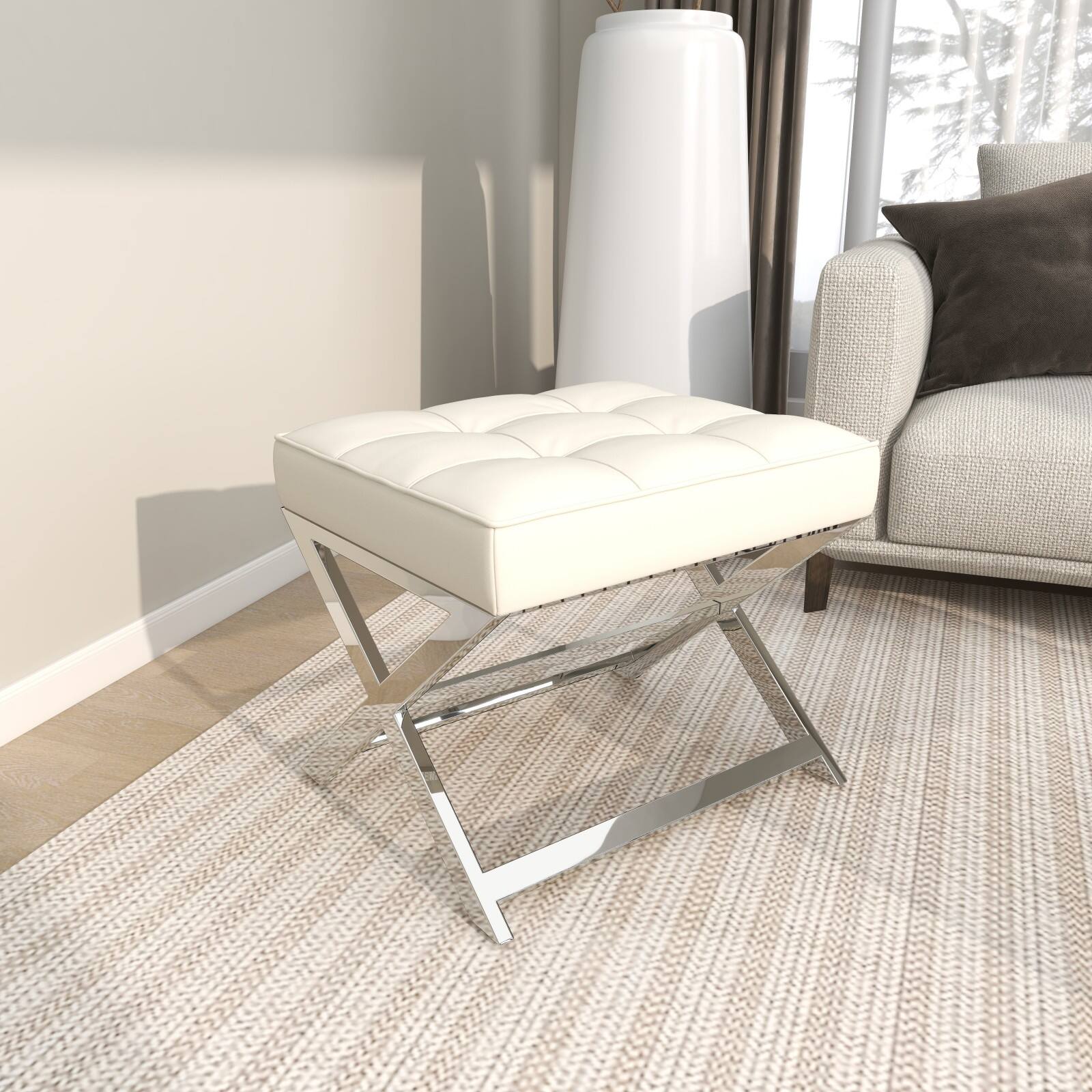 19" Leather Stool with Stainless Steel Supports