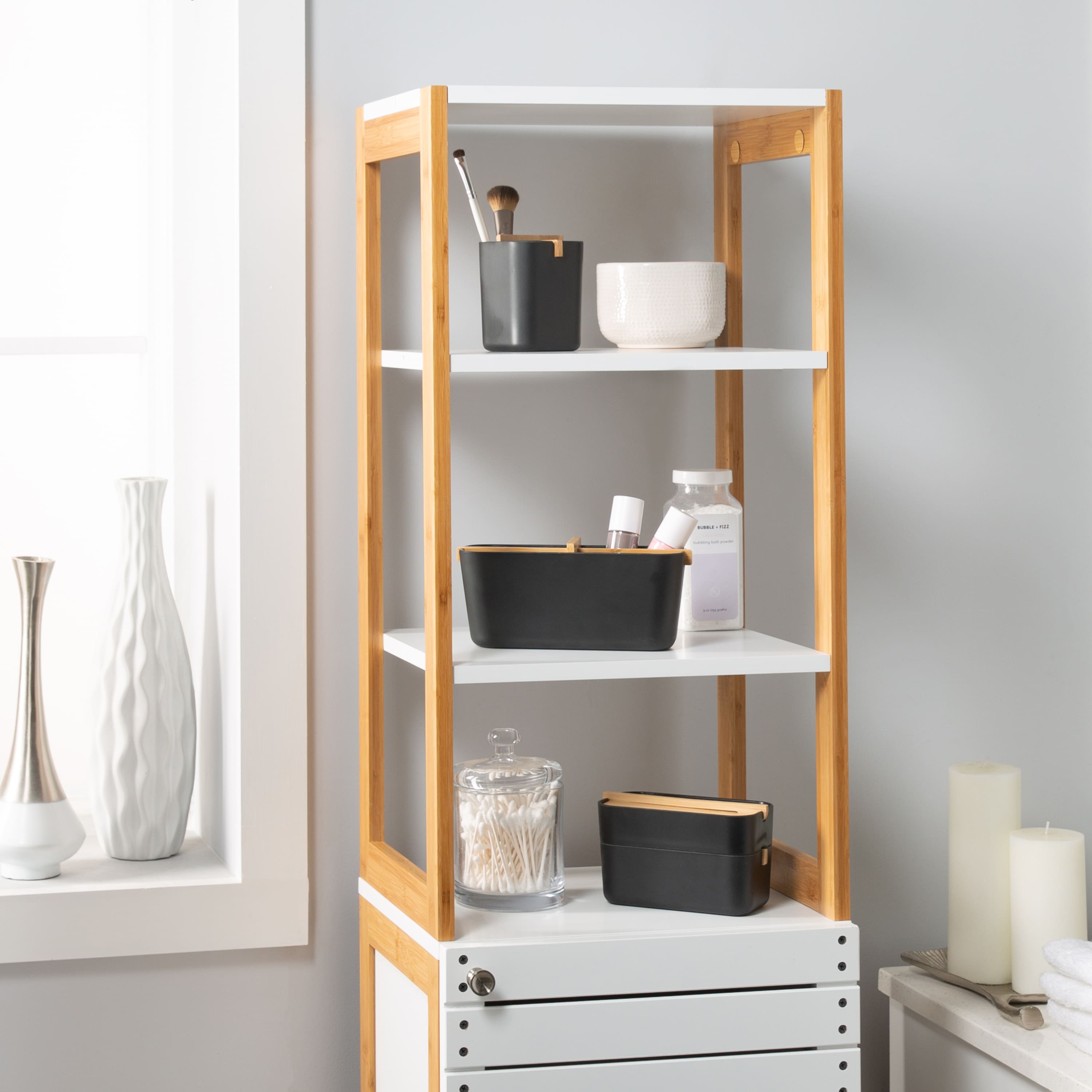 Organize It All Rendition 68" White 6-Shelf Bamboo High Cabinet