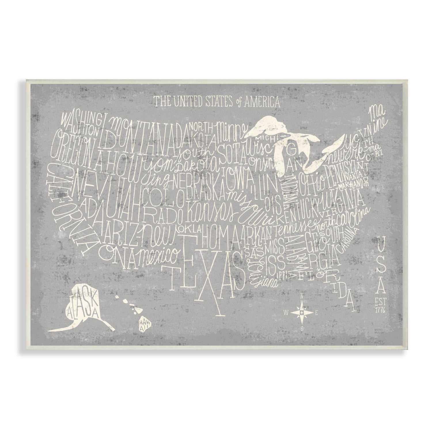 Stupell Industries Grey Distressed US Map Playful Typography Wall Plaque Art