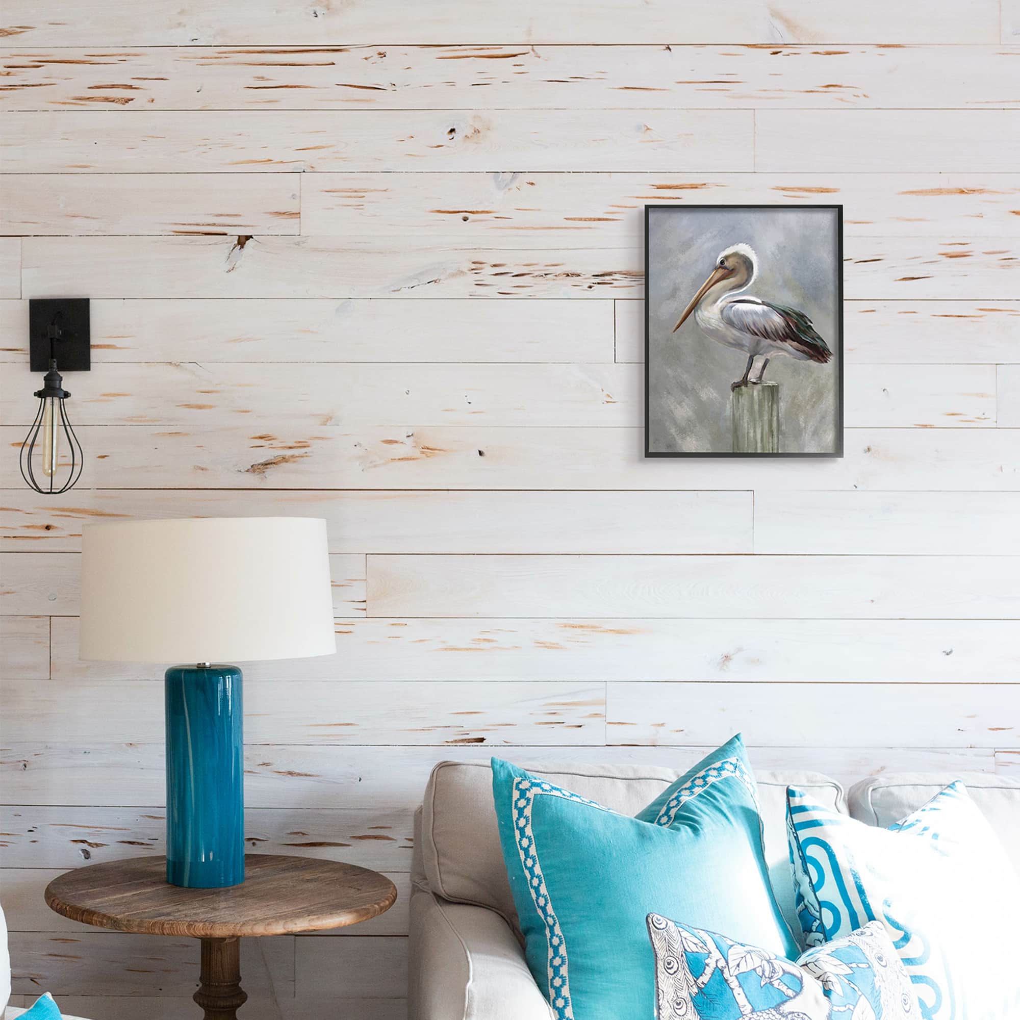 Stupell Industries Pelican Resting on Wooden Pillar Soft Grey Framed Wall Art