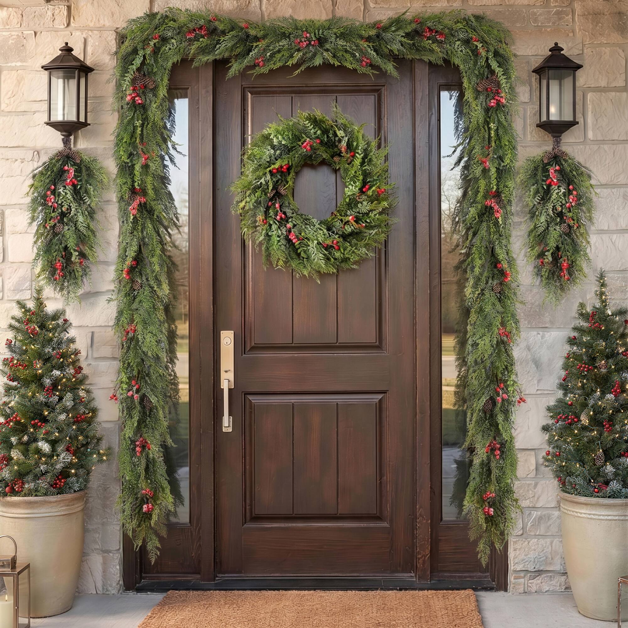 Glitzhome® 9ft. Christmas Greenery Frosted PE Dripping Garland with Pinecones & Red Berries, Set of 2