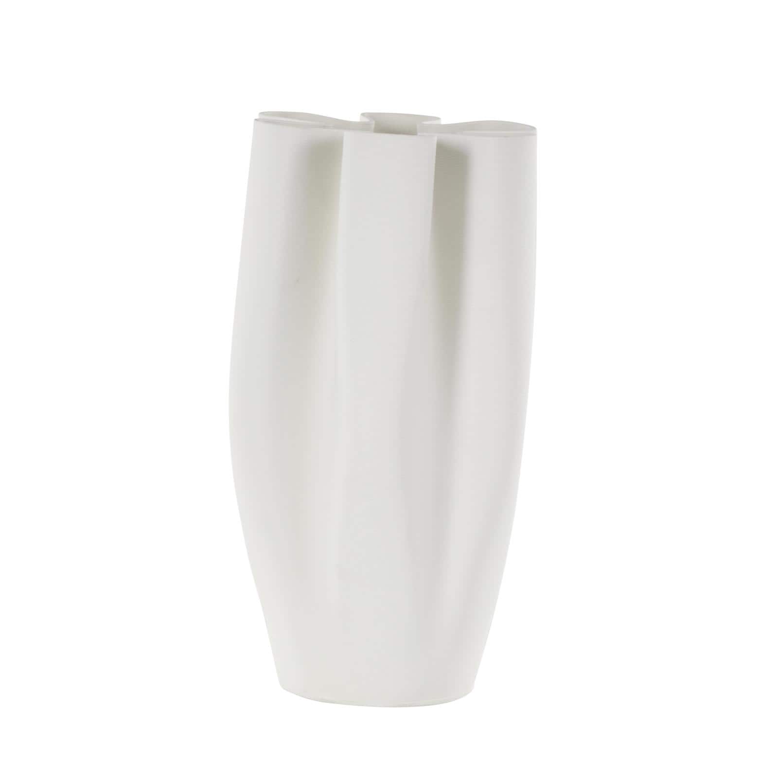 White Ceramic Abstract Ribbed Dimensional Folded Vase with Floral Shaped Rim