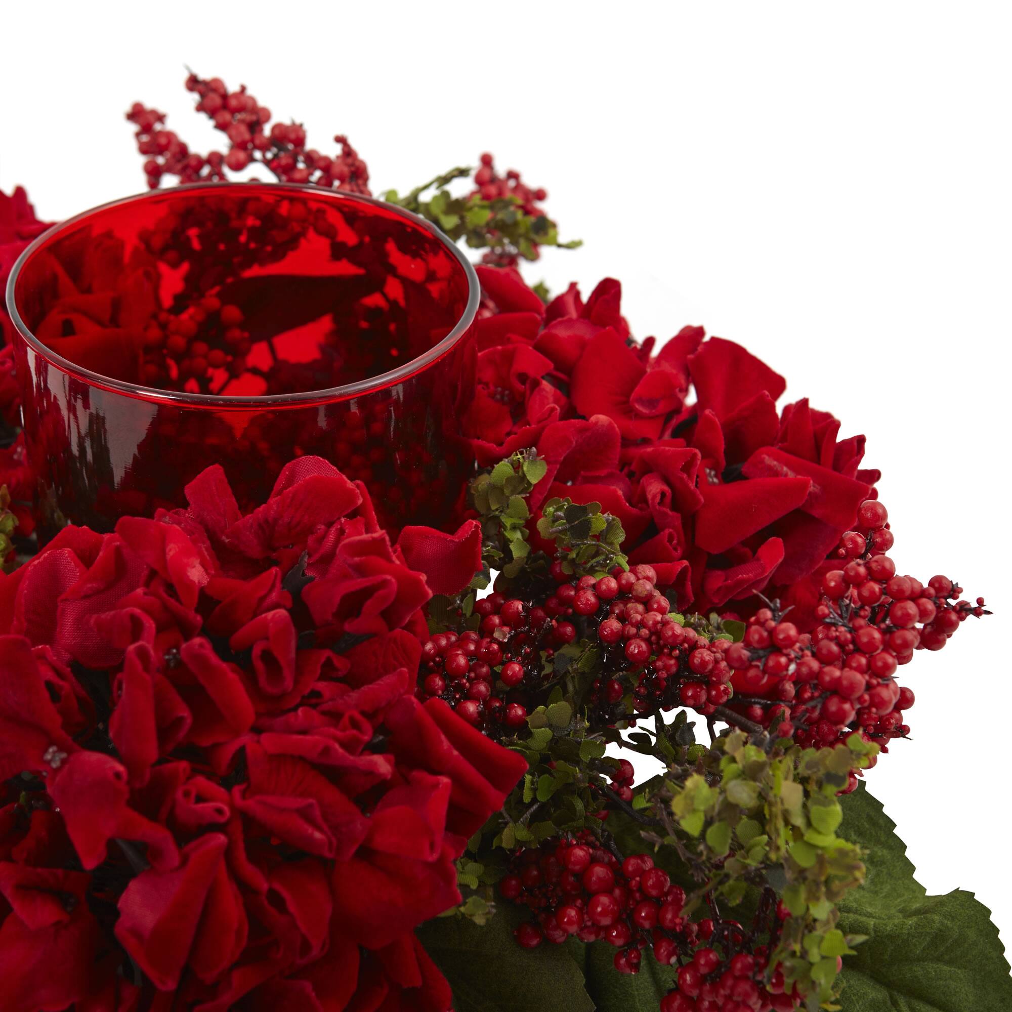 6" Red Hydrangea & Berry Candelabrum