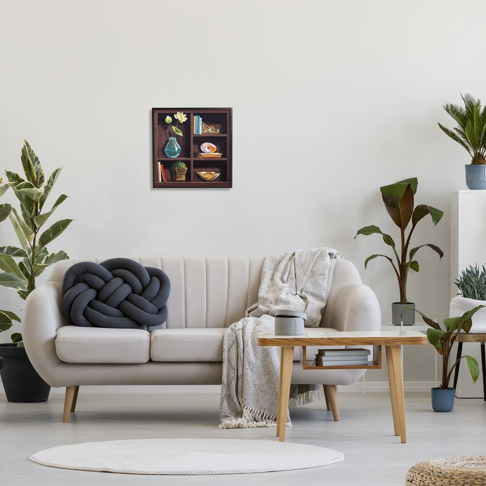 Stupell Industries Elegant Bookshelf Still-Life with Lotus Floral Vase in Black Frame Wall Art