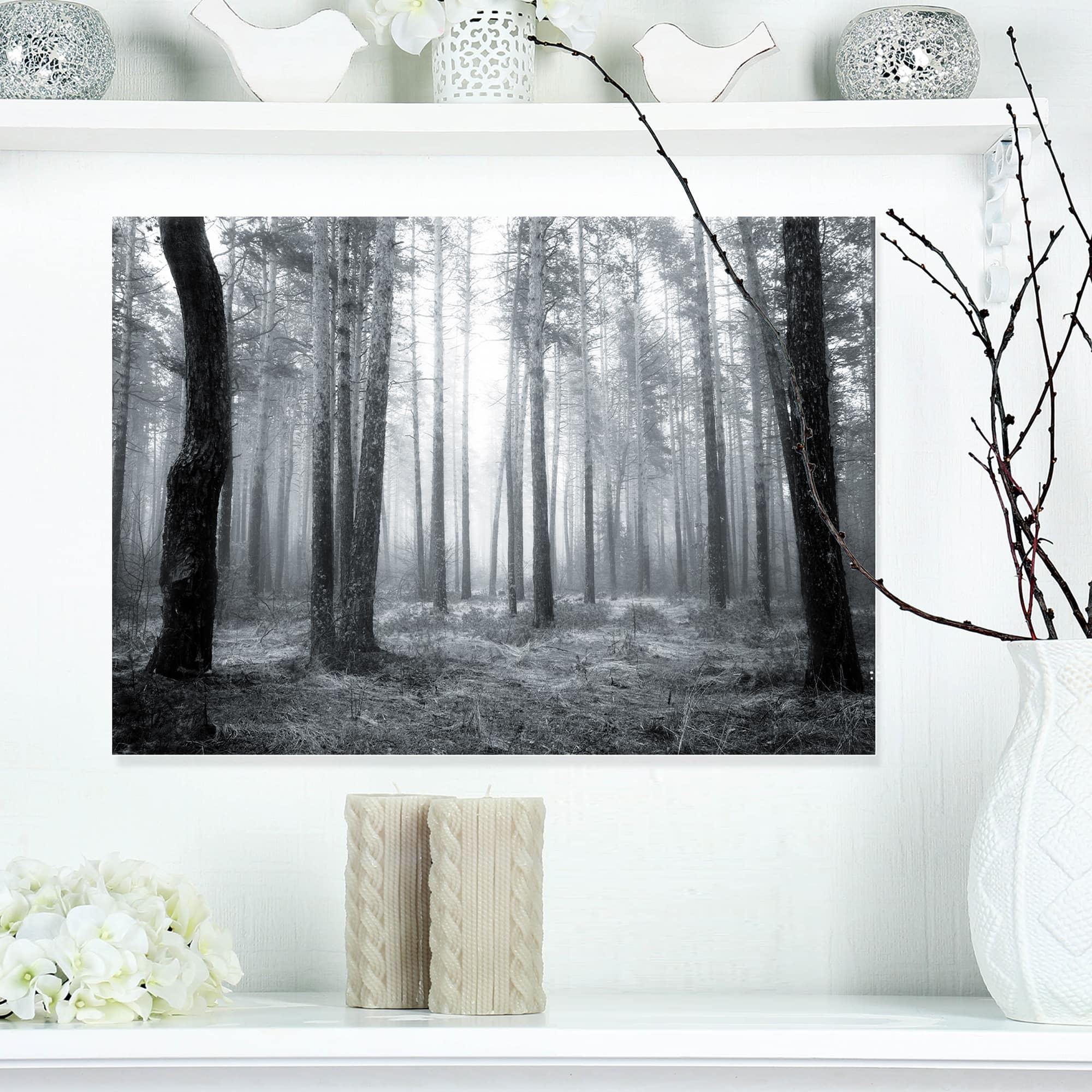 Designart - Black and White Foggy Forest - Forest Canvas Art Print