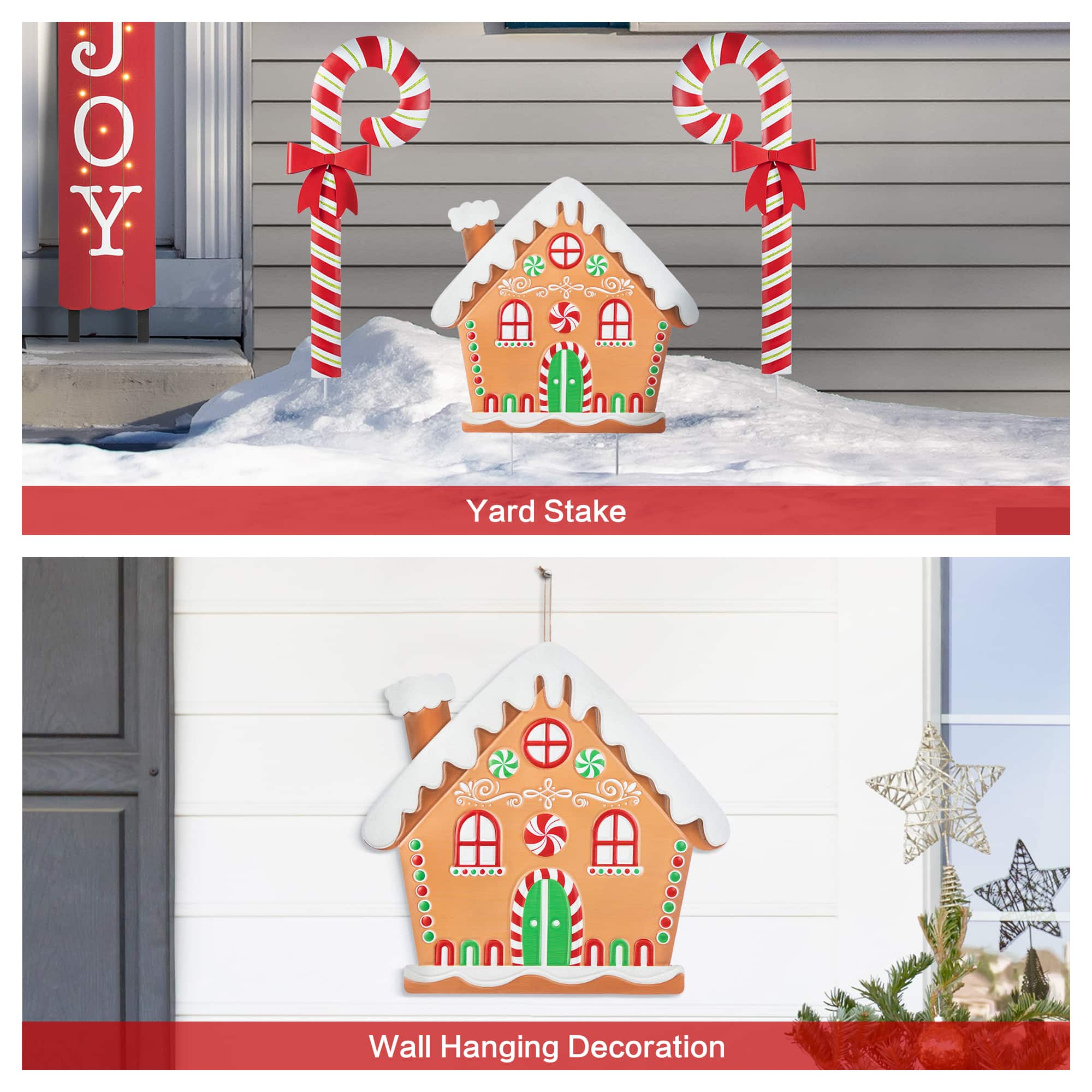 Glitzhome® 33" Metal Christmas Gingerbread House and Candy Cane Yard Stake Set