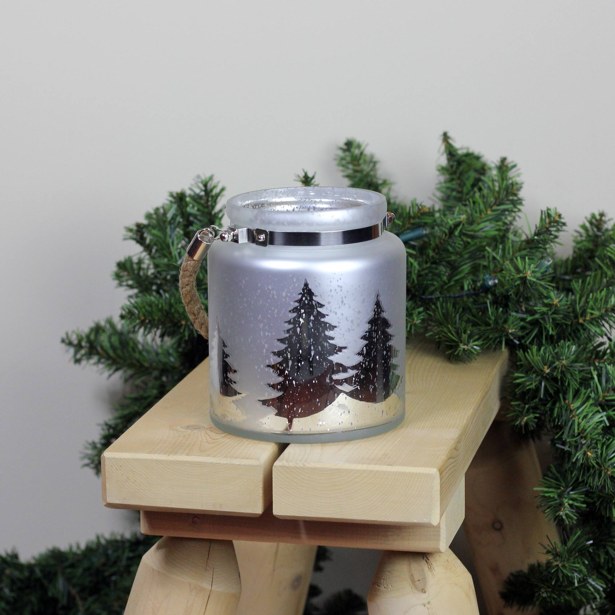 6" Reindeer & Tree Silhouette Pillar Candle Holder with Handle