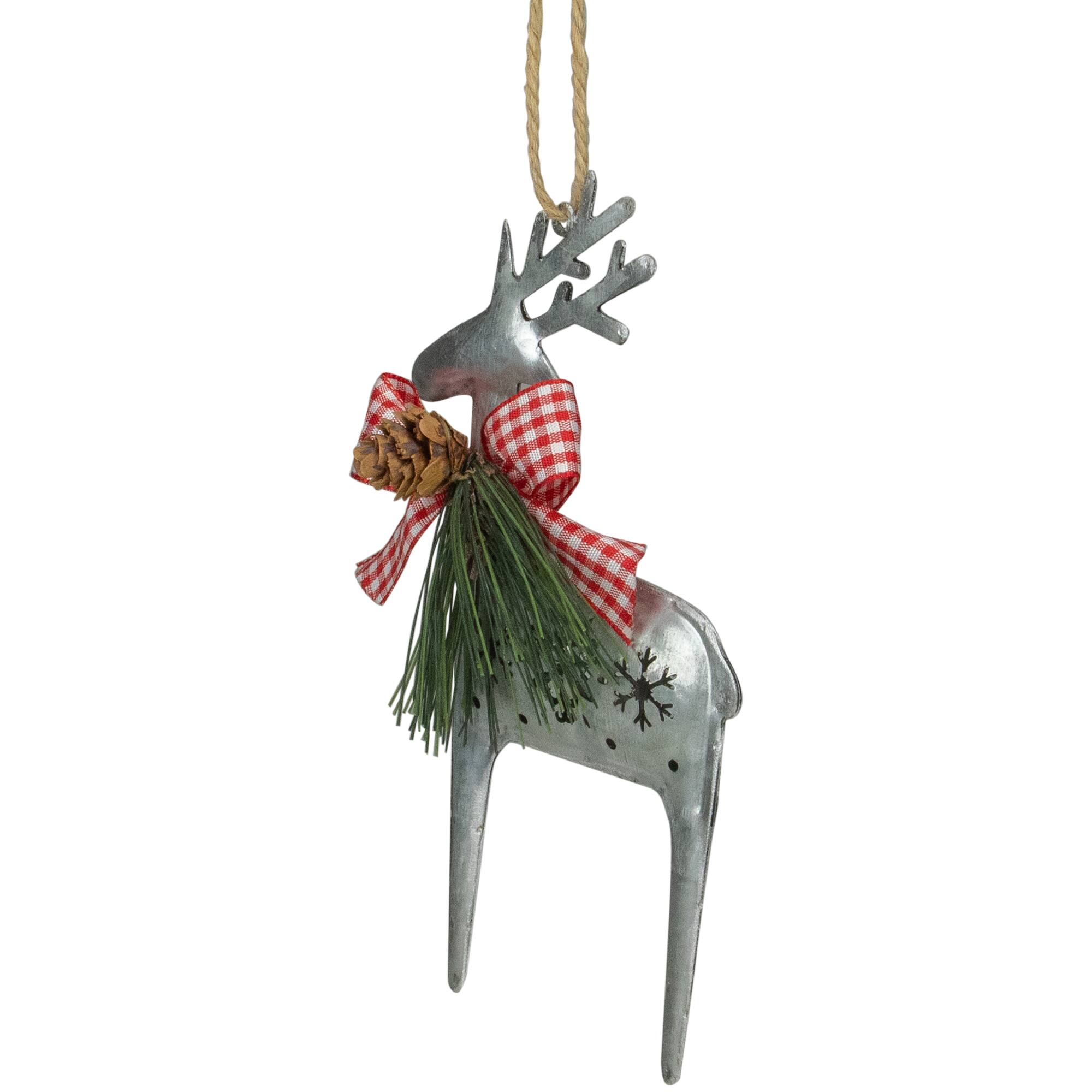 6.25" Silver Metal Reindeer Christmas Ornament With Red Gingham Bowtie & Pine