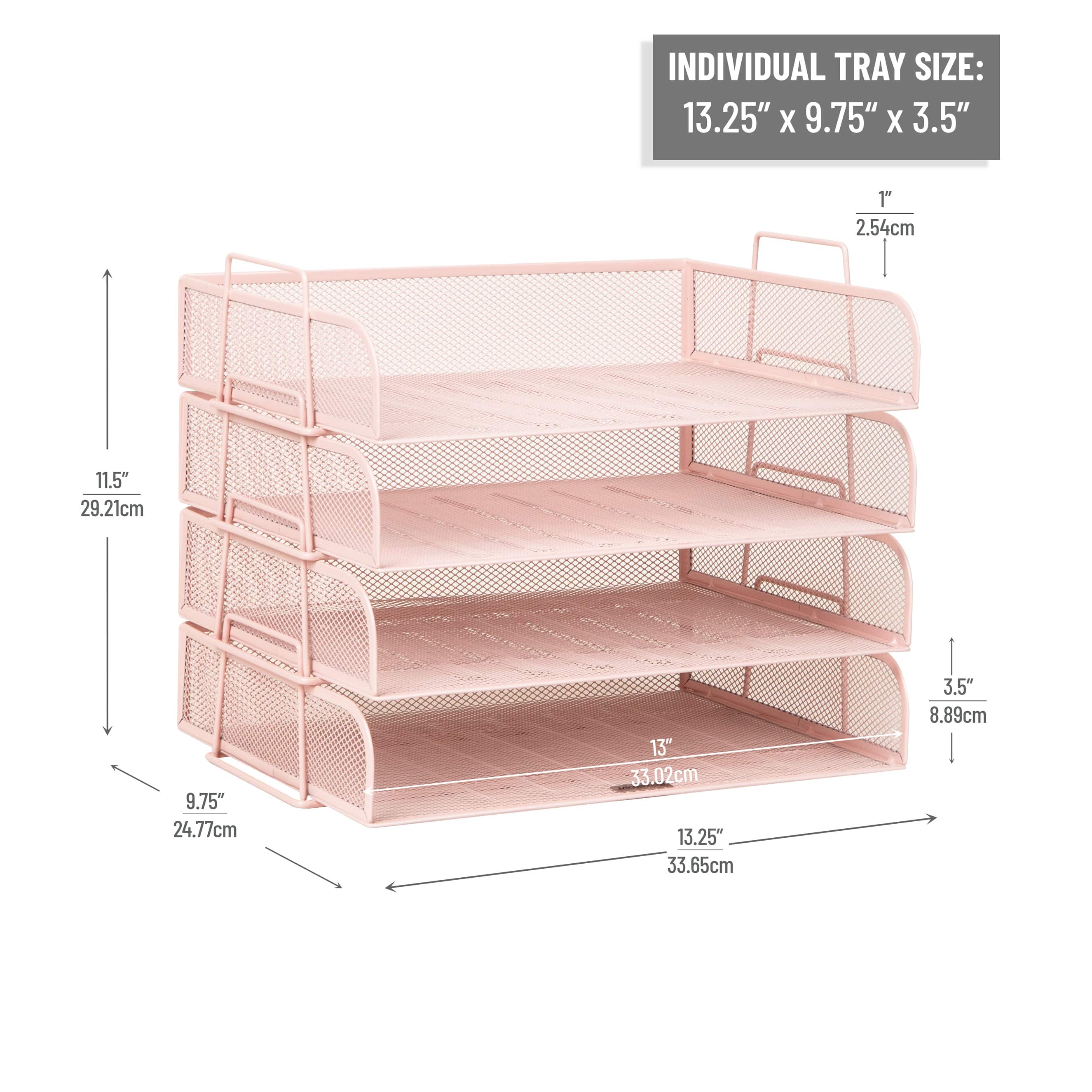 Mind Reader Stackable Paper Tray, Desktop Organizer, File Storage, Office, Metal Mesh, 4 Pcs., Pink