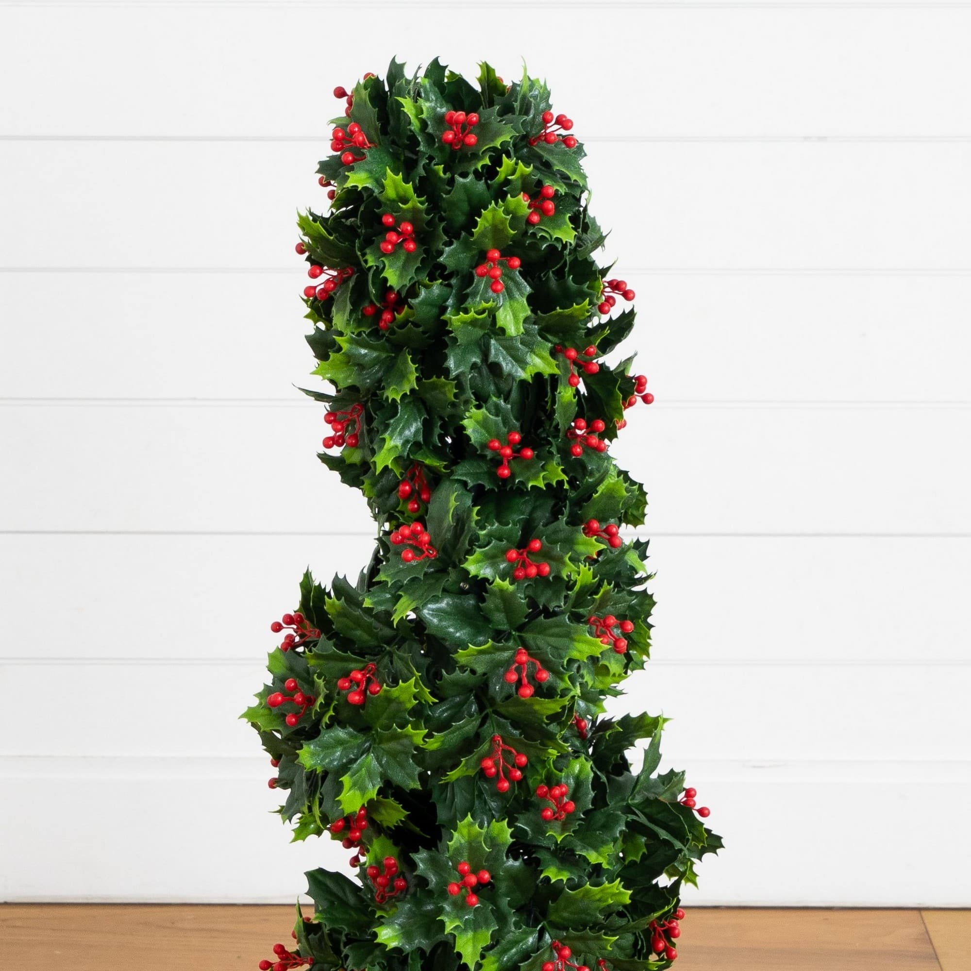 Nearly Natural 3ft. Pre-Lit UV Resistant Artificial Holly Berry Christmas Spiral Tree, Warm White Lights