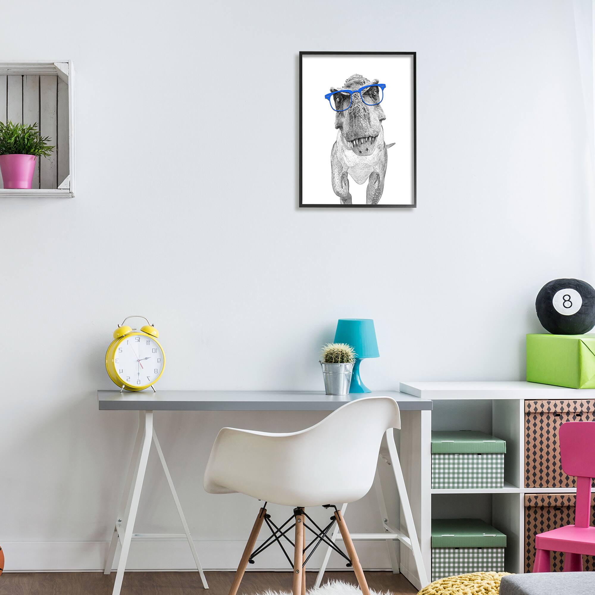 Stupell Industries Adorable T-Rex Dinosaur Blue Glasses Illustration Framed Giclee Art