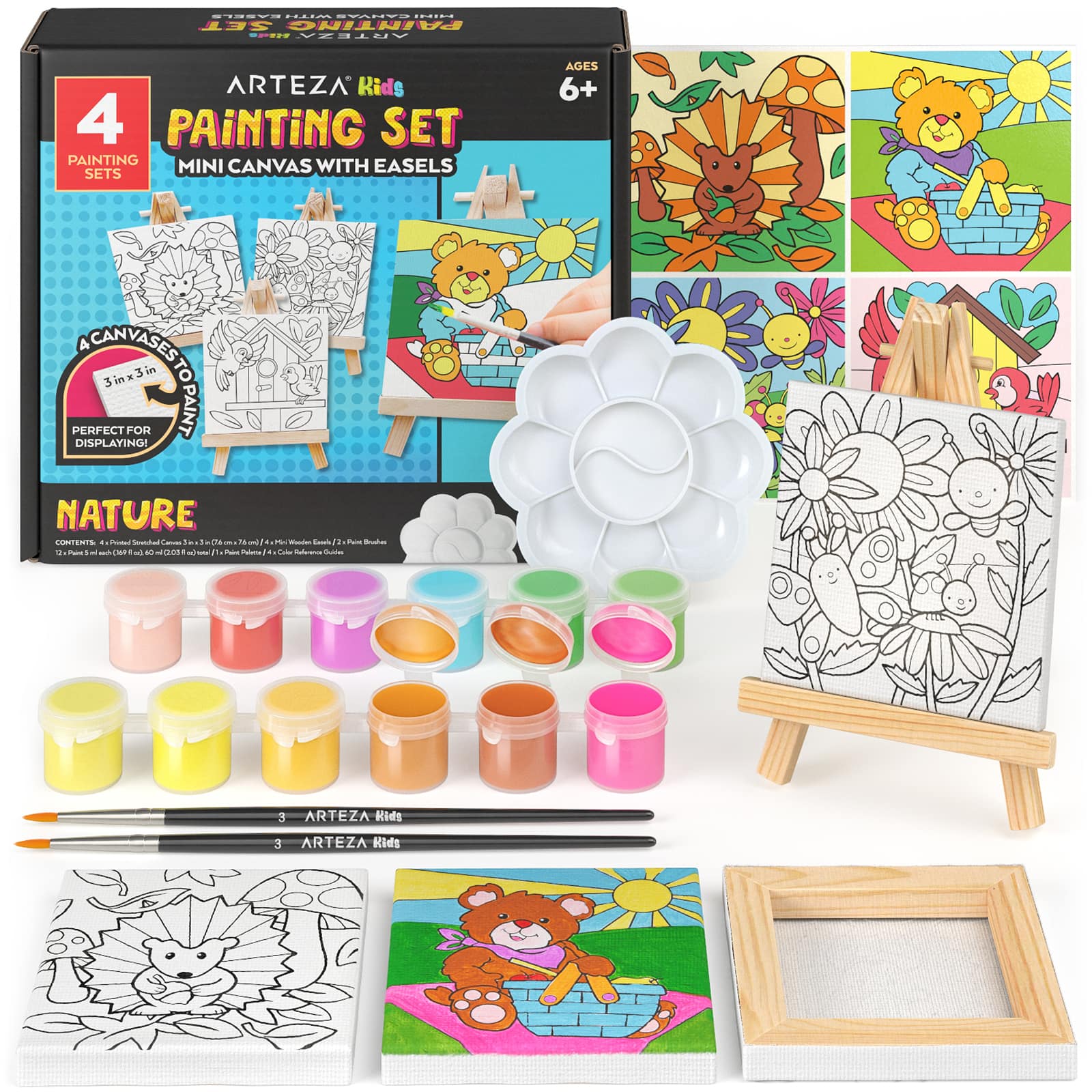 Arteza® Kids Canvas Paint Kit, 4 Mini Canvas- 3 x 3 with Easel