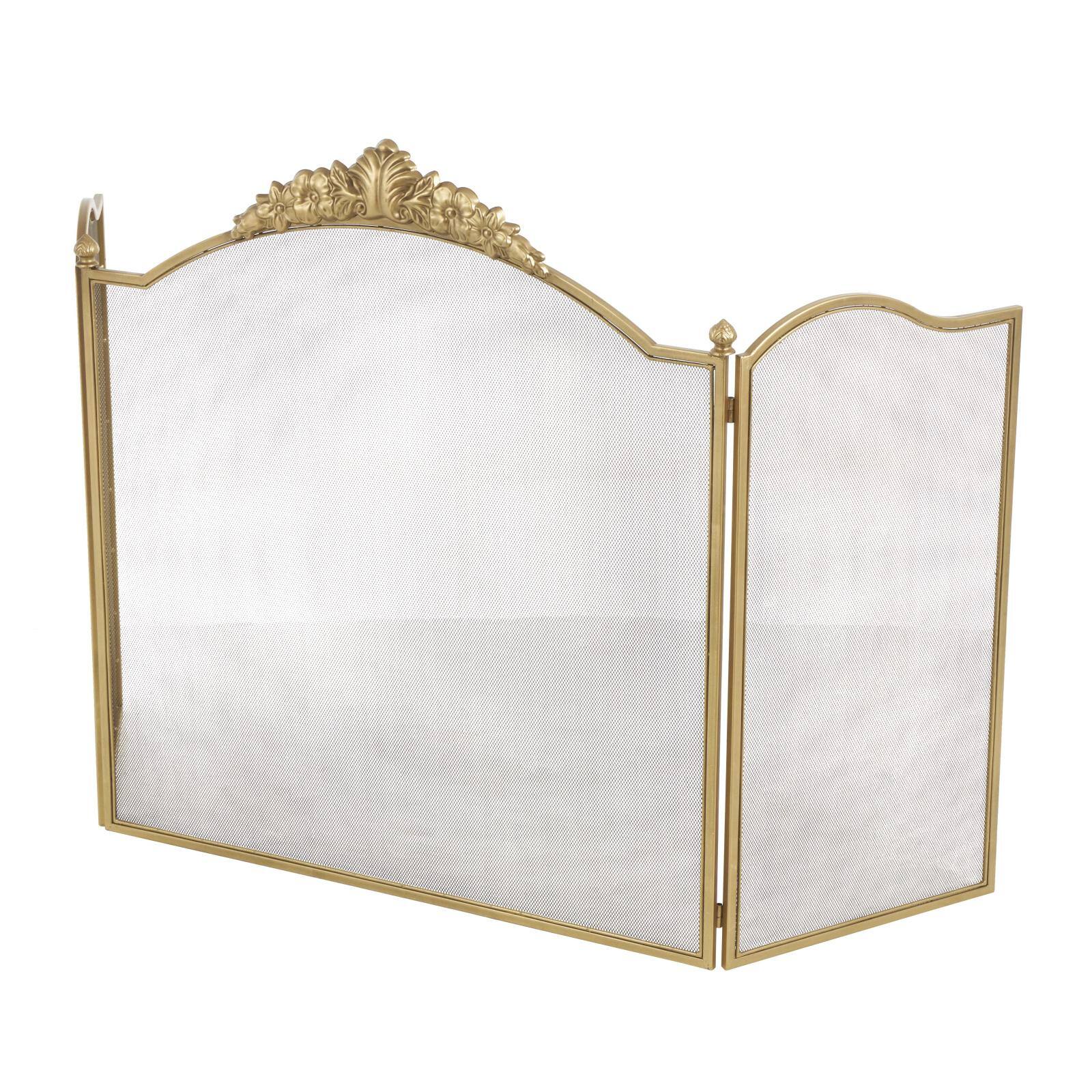 29" x 14" x 30" Gold Metal Floral Ornate Antique Arched 3 Panel Living Room Fireplace Screen with Finial Accents
