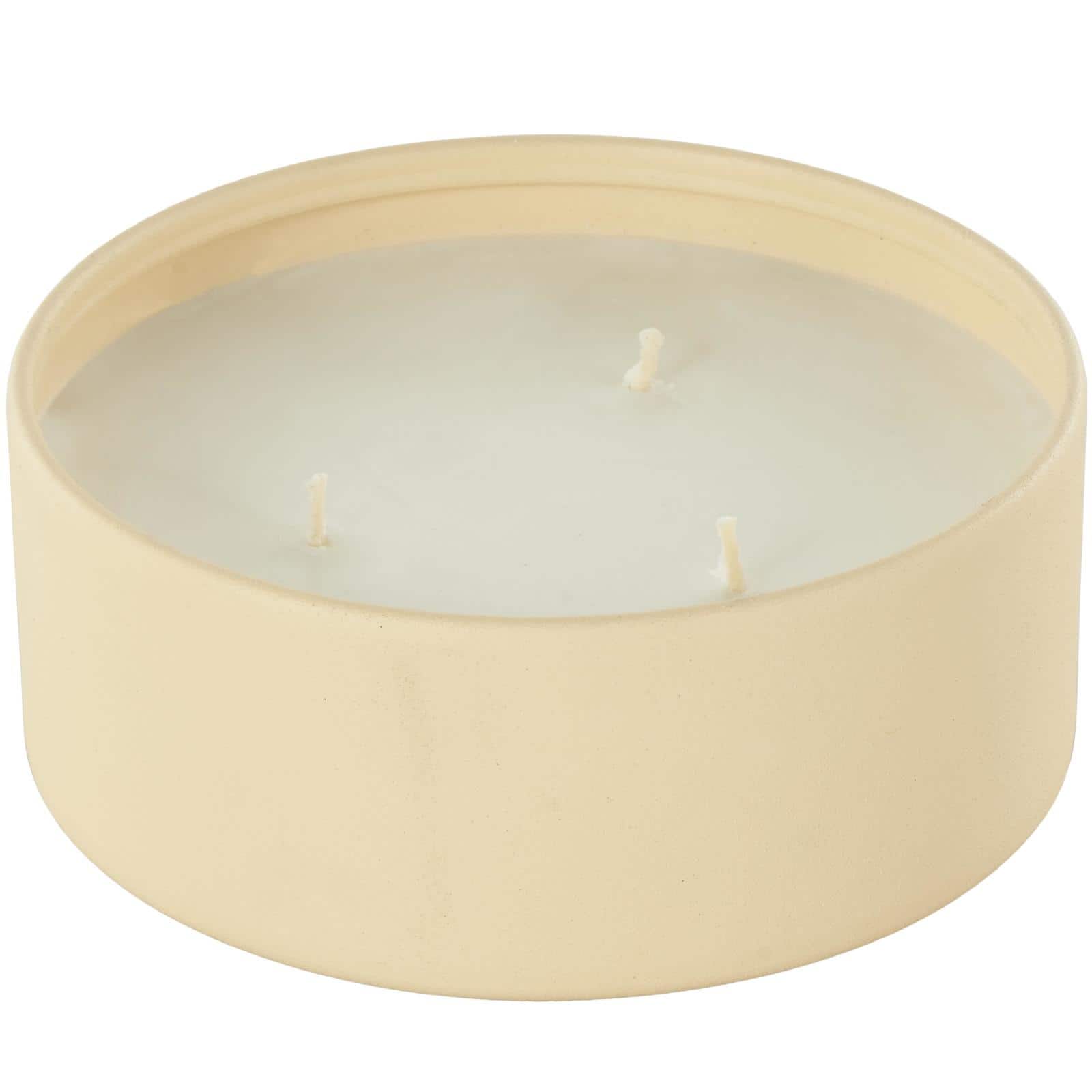 Ivory and Iris 22oz. Beige with White Wax 3 Wick Rose Blossom & Sandalwood Scented Metal Candle