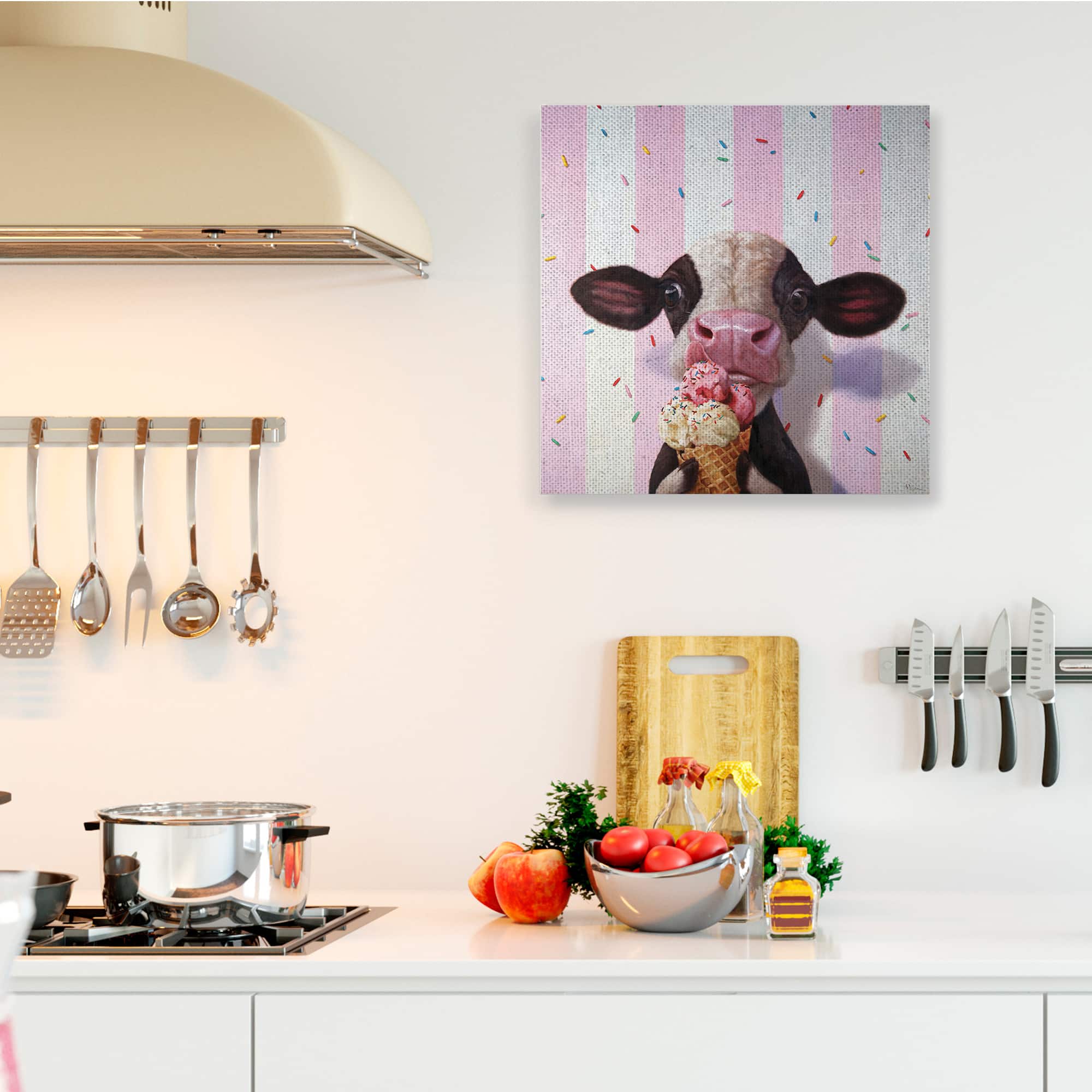 Stupell Industries Cute Baby Cow with Ice Cream Cone Pink Stripes Canvas Wall Art