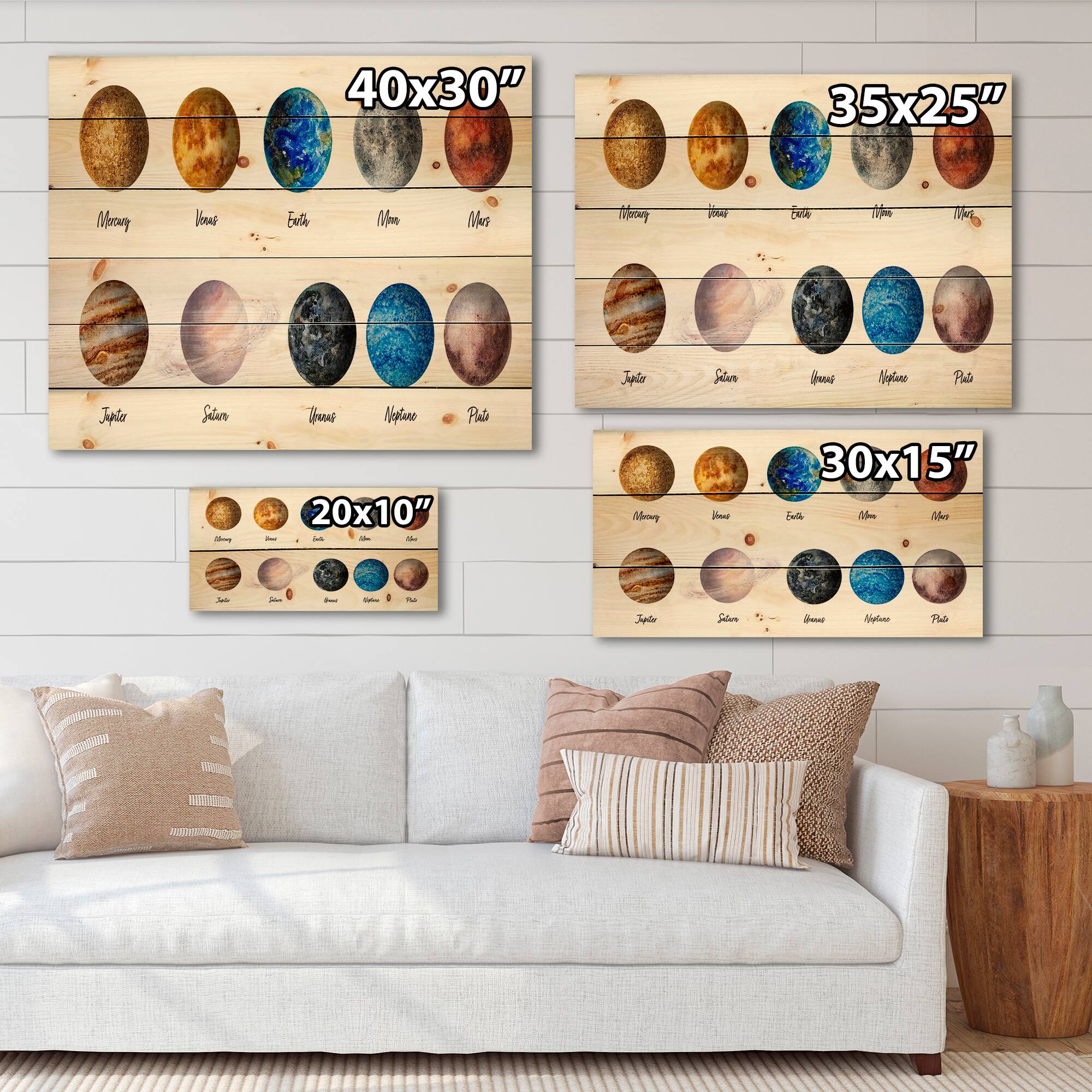 Designart - All Planets United - Modern Print on Natural Pine Wood