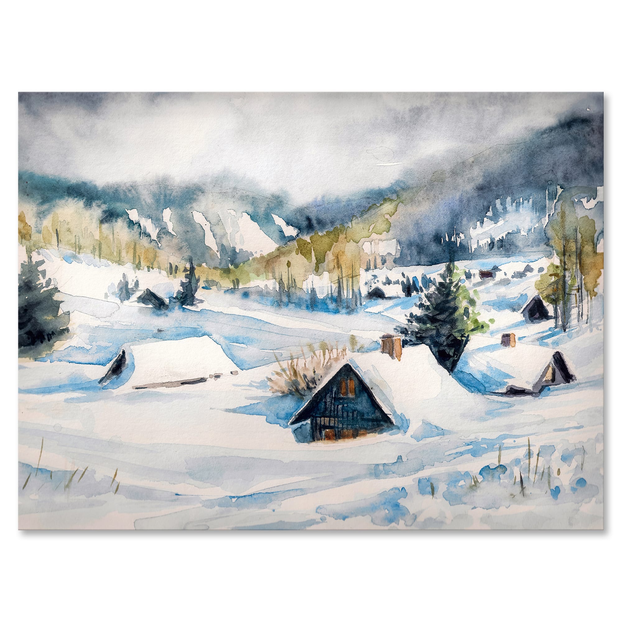 Designart - Mountain Village In Winter - Traditional Canvas Wall Art Print