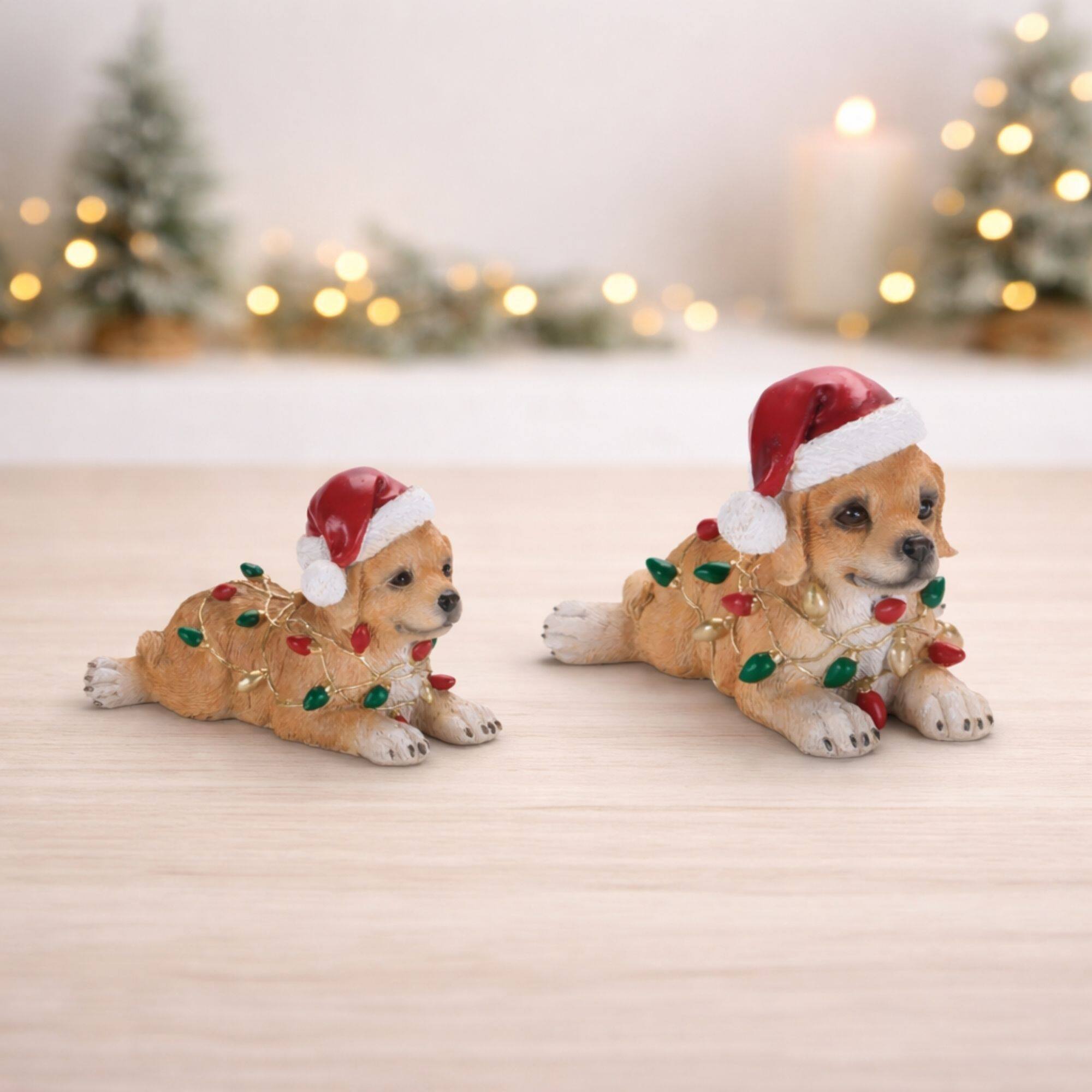 Melrose Santa Hat Dog Figurines with Christmas Lights Set
